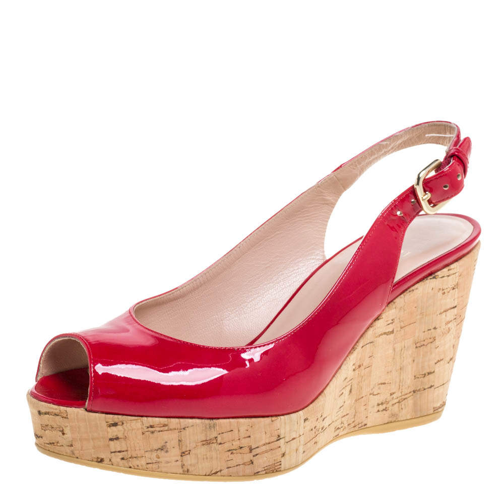 Stuart Weitzman Pink Patent Leather Jean Peep Toe Cork Wedge Slingback Sandals Size 36 