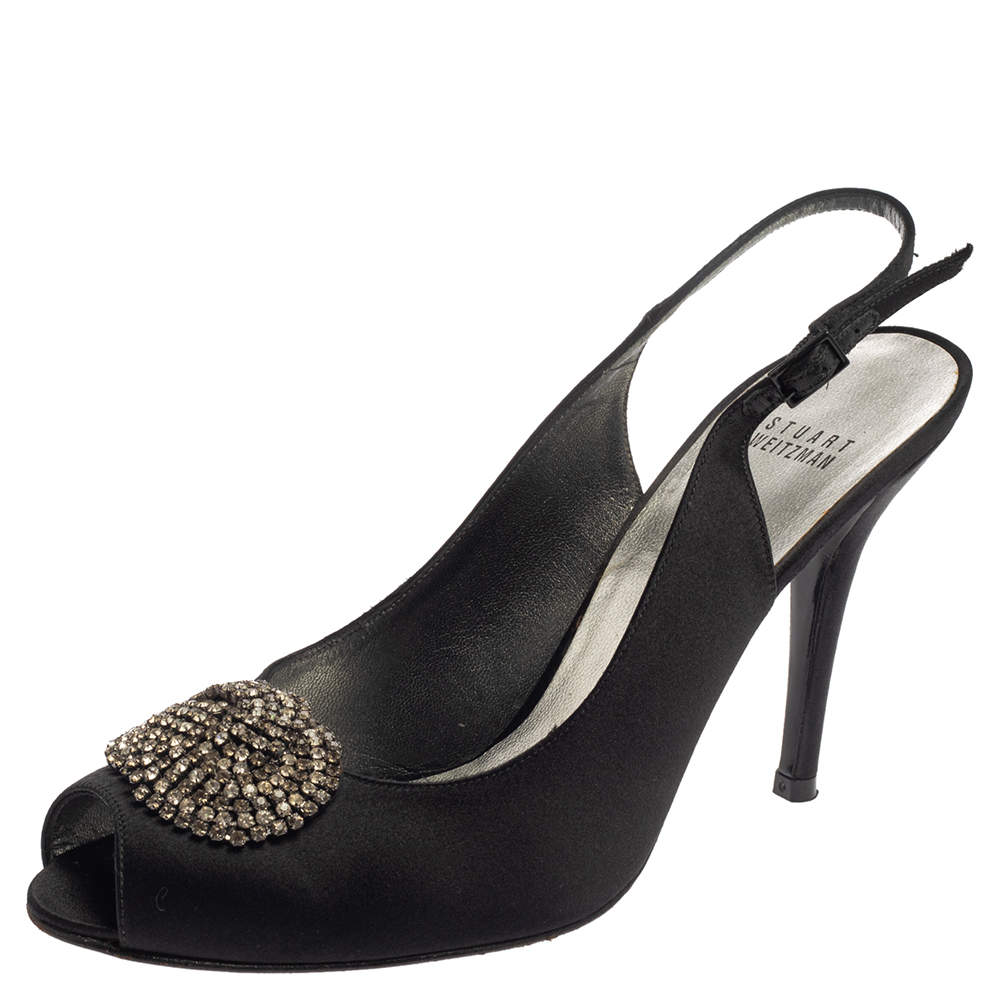 مملوكة مسبقًا صندل ستيوارت وايتزمان مزخرف كريستال فتحة كعب ساتان أسود مقاس 41