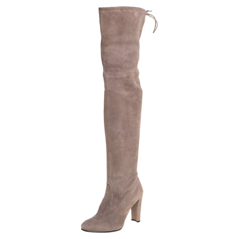 Stuart Weitzman Grey Suede Tie Land Over The Knee Block Heel Boots Size 36
