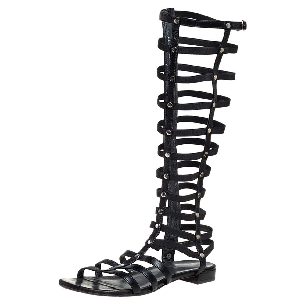 Stuart Weitzman Black Leather And Elastic Gladiator Flats Size 37