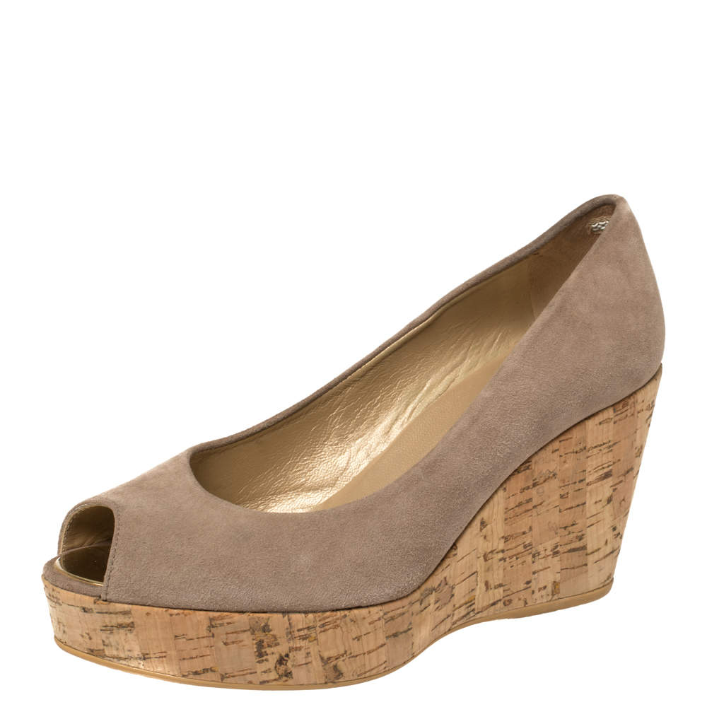 Stuart Weitzman Grey Suede Anna Cork Wedge Platform Peep Toe Pumps Size 37.5