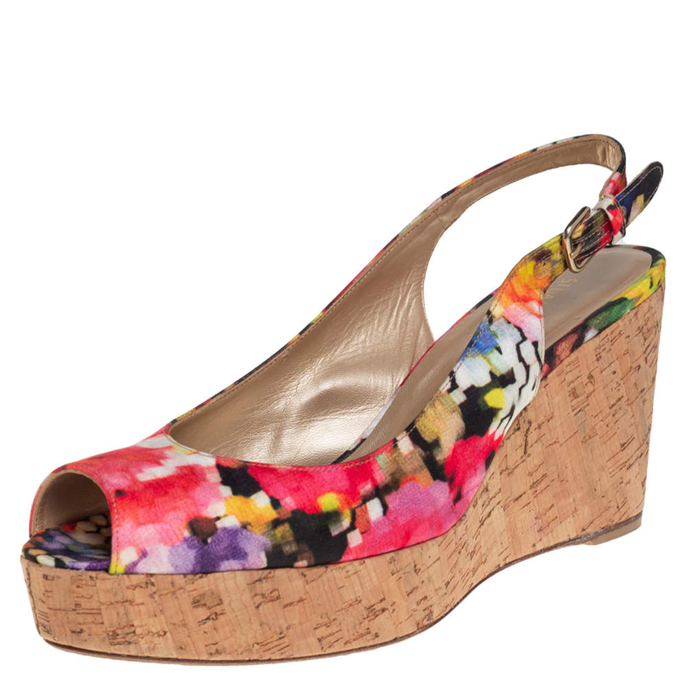 Stuart Weitzman Multicolor Brocade Fabric Cork Wedge Sandals Size 43.5