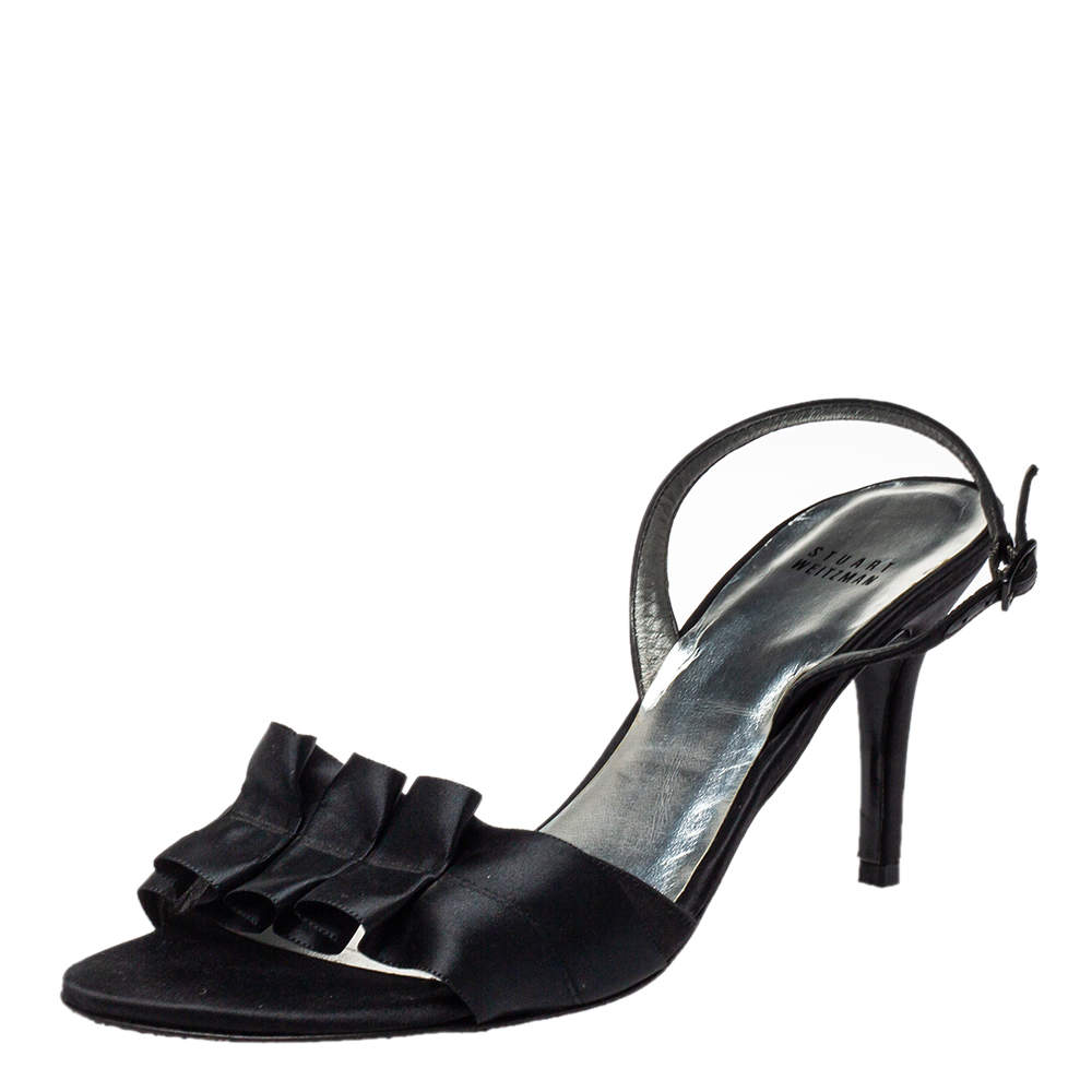 Stuart Weitzman Black Satin Pleated Open Toe Sandals Size 43.5