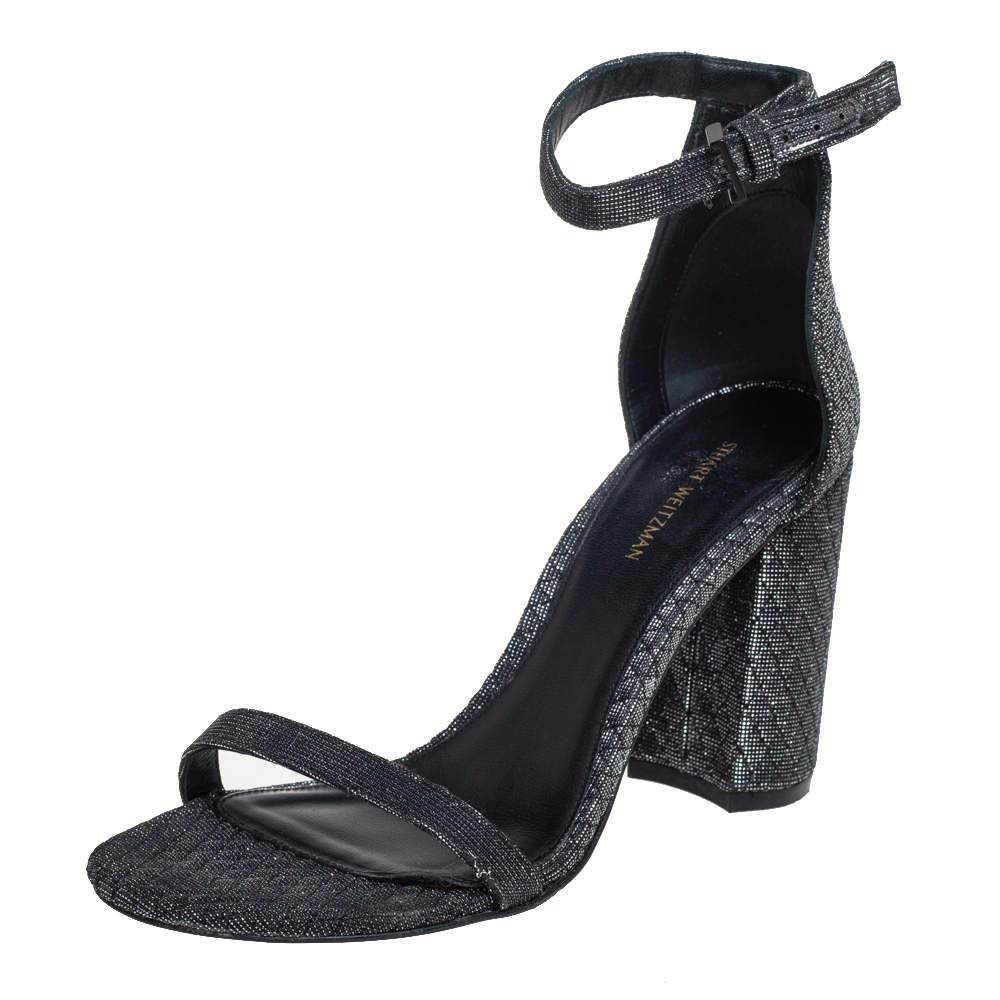 Pre Owned Stuart Weitzman Grey/Black Glitter Ankle Strap Sandals Size 38