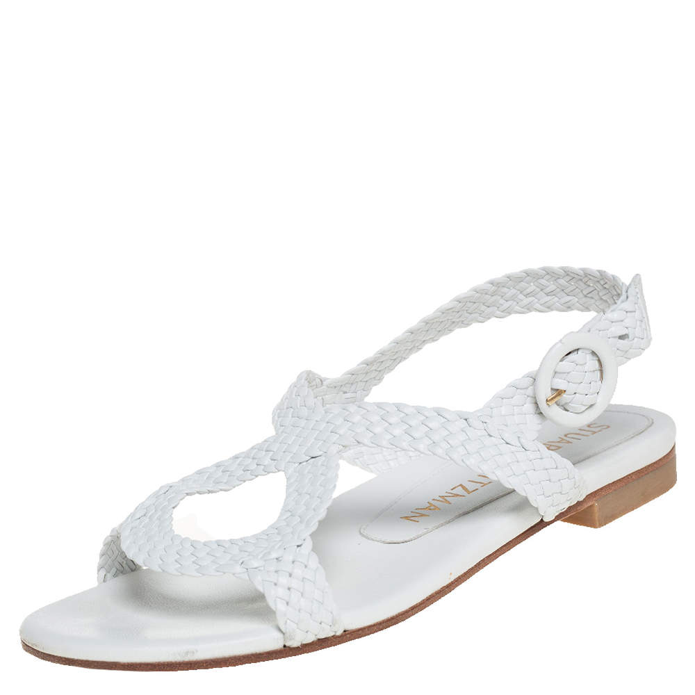 Pre Owned Stuart Weitzman White Braided Leather Theodora Flat Sandals Size 37.5