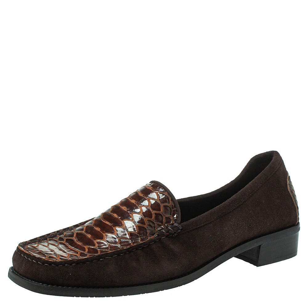 Stuart Weitzman Brown Suede  And Python Embossed Leather Loafers Size 41