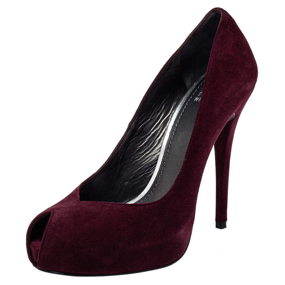 Pre Owned حذاء كعب عالي ستيوارت وايتزمان سويدي عنابي مقدمة مفتوحة نعل سميك مقاس 40