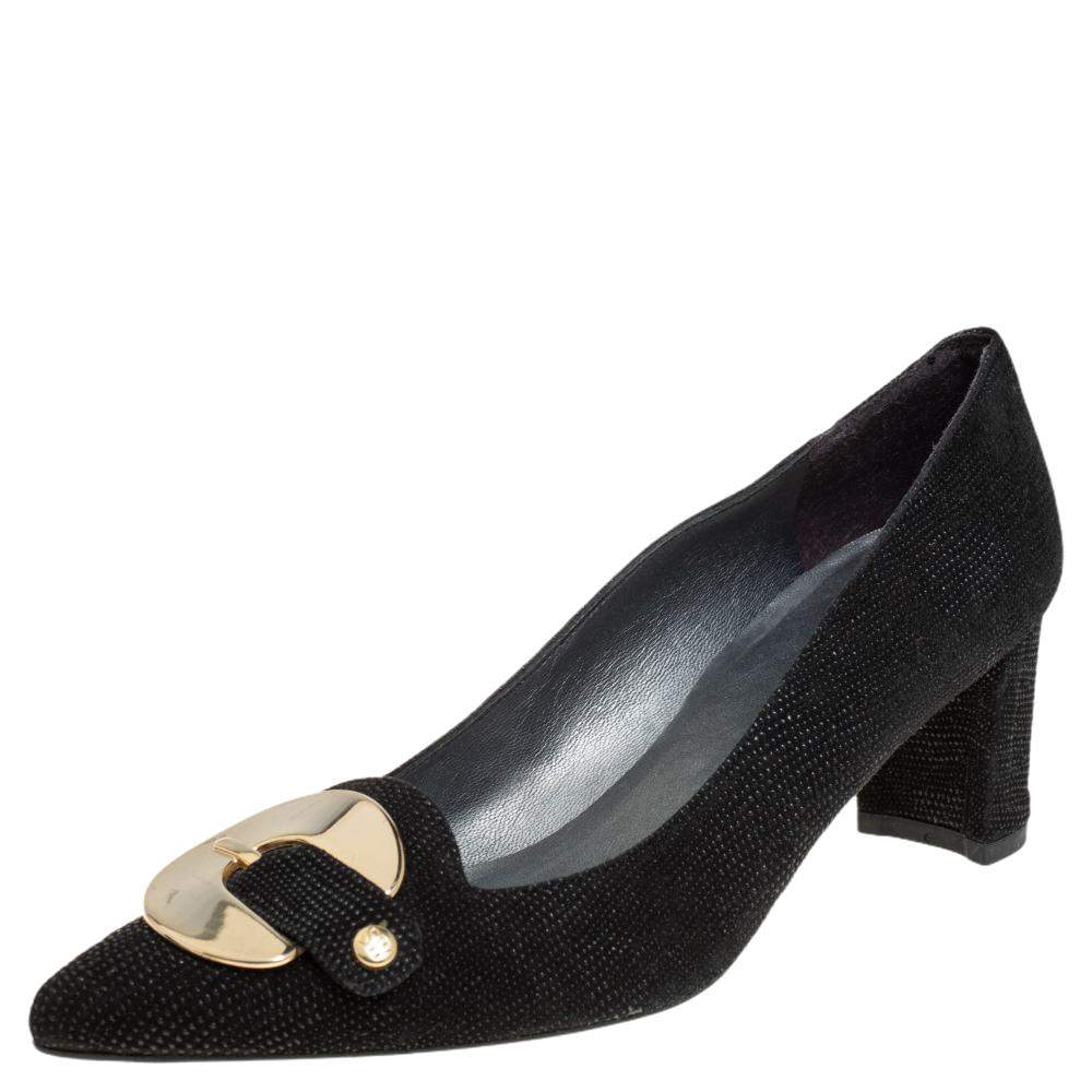 Stuart Weitzman Black Suede Buckle Pointed Toe Pumps Size 38.5
