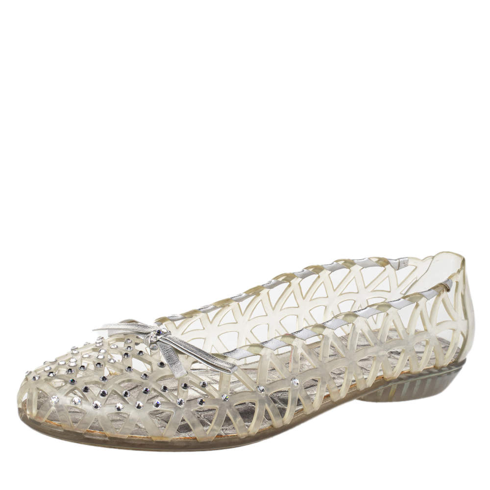 Stuart Weitzman Silver Foil Leather And Crystal Embellished Jelly Laser Cutout Ballet Flats Size 41