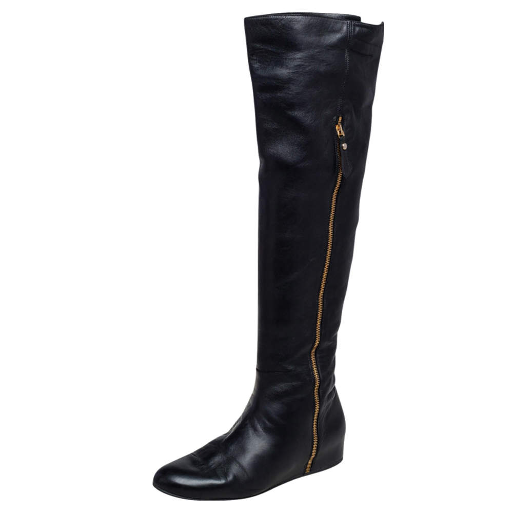 Pre Owned Stuart Weitzman Black Leather and Stretch Fabric Knee Length Flat Boots Sze 39.5