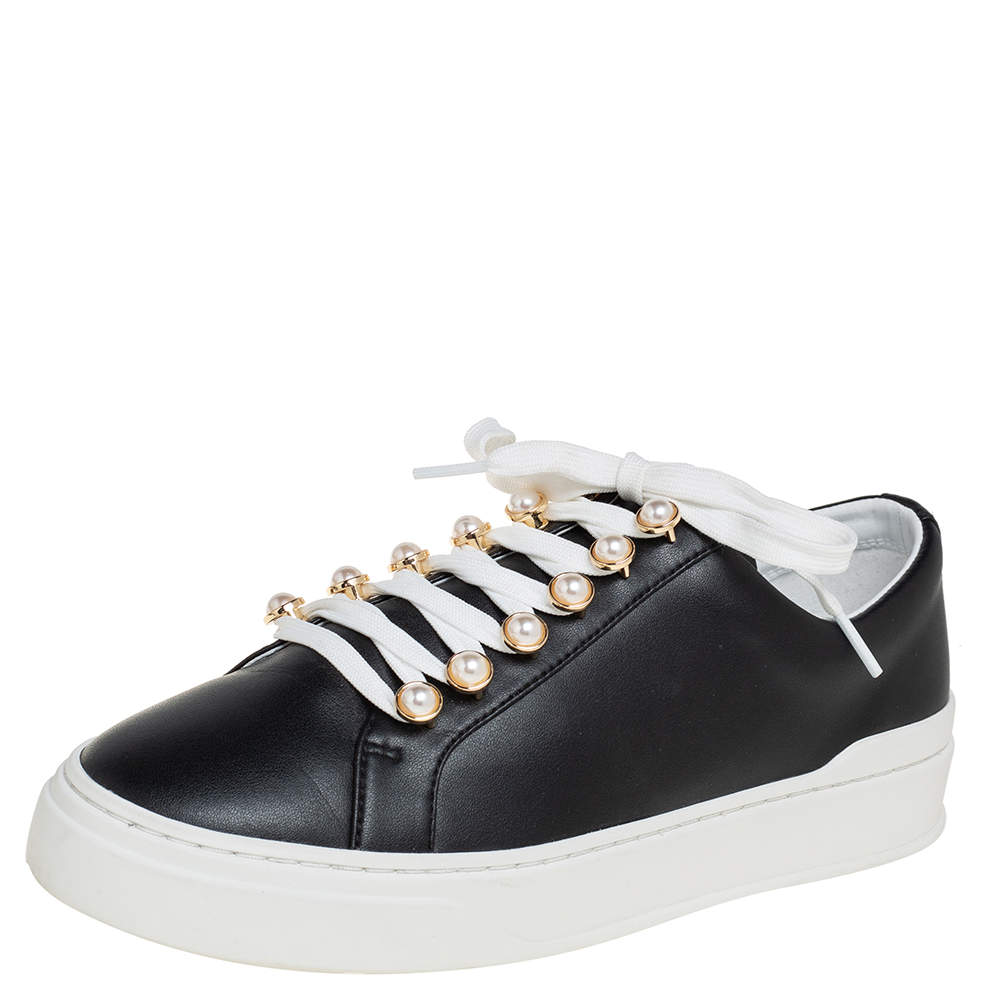 Stuart Weitzman Black Leather Faux Pearl Embellished Low Top Sneakers Size 38.5