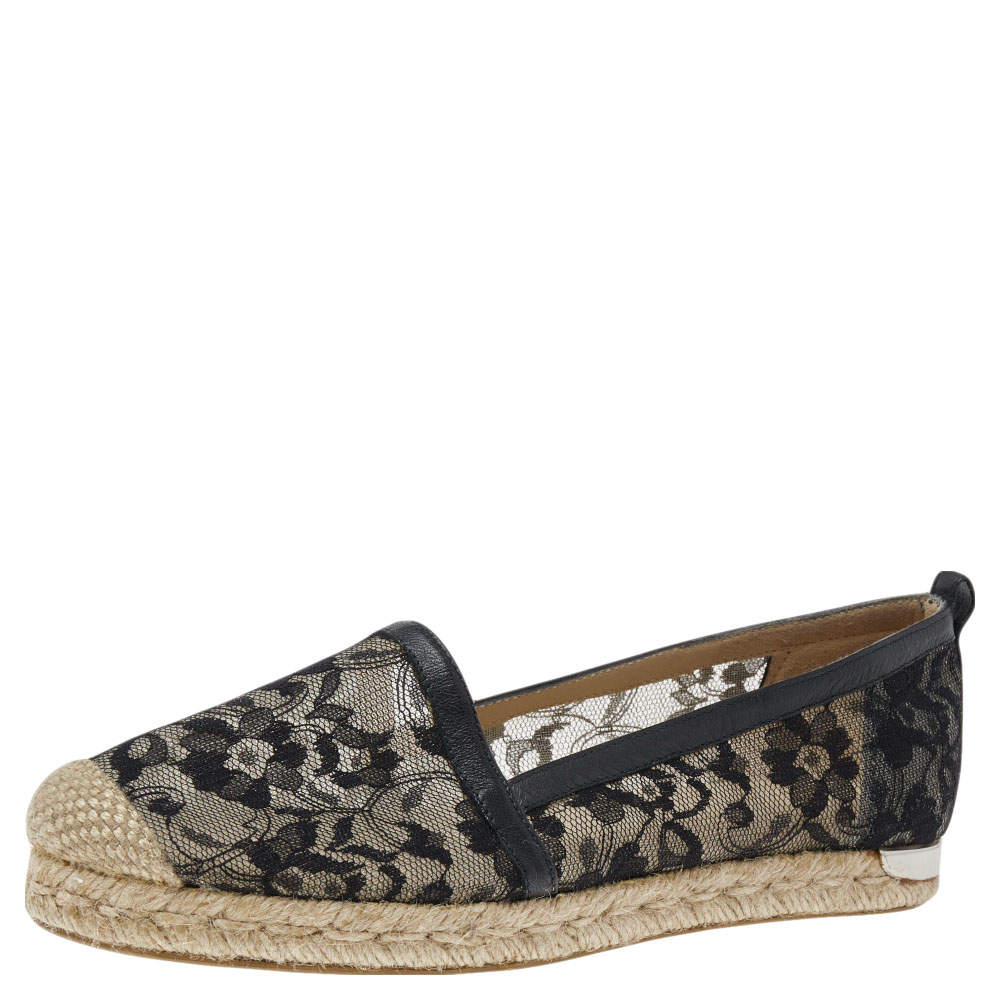Stuart Weitzman Black Lace and Leather Espadrille Flats Size 37