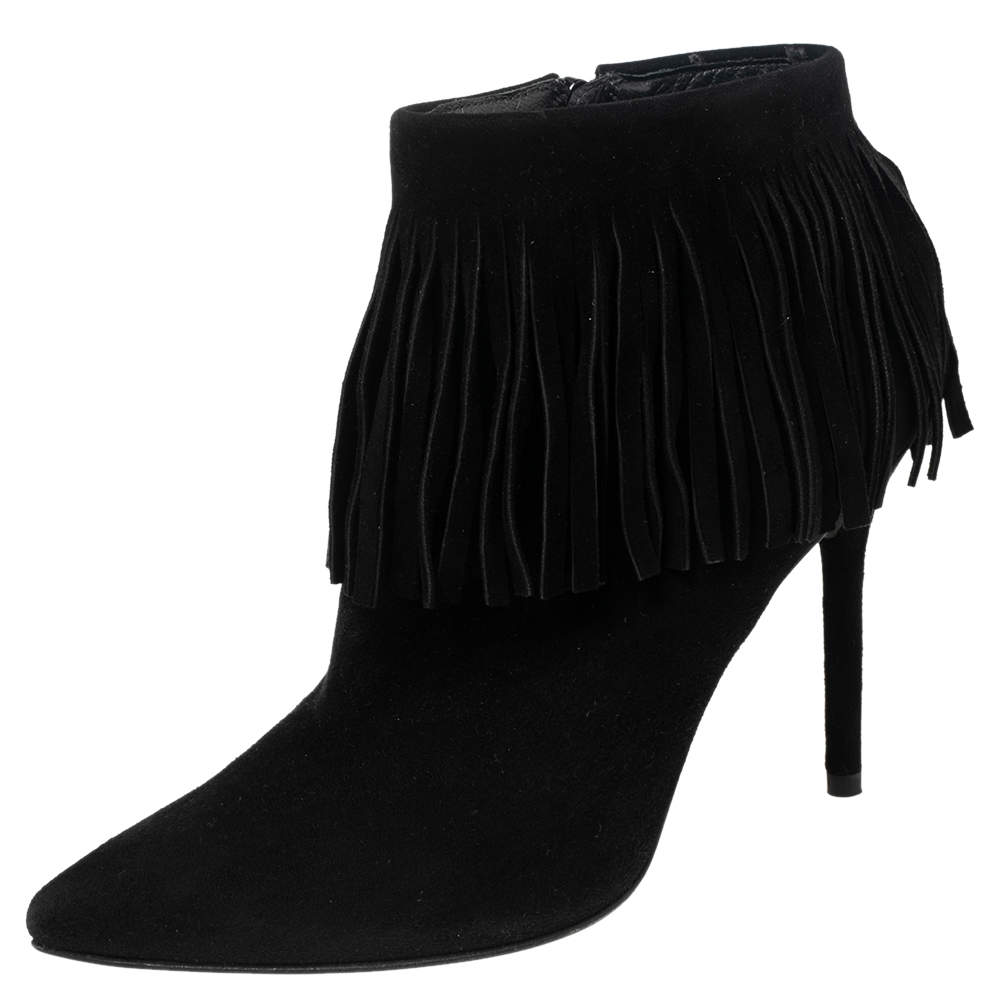 Stuart Weitzman Black Suede Fringed Ankle Boots Size 36.5