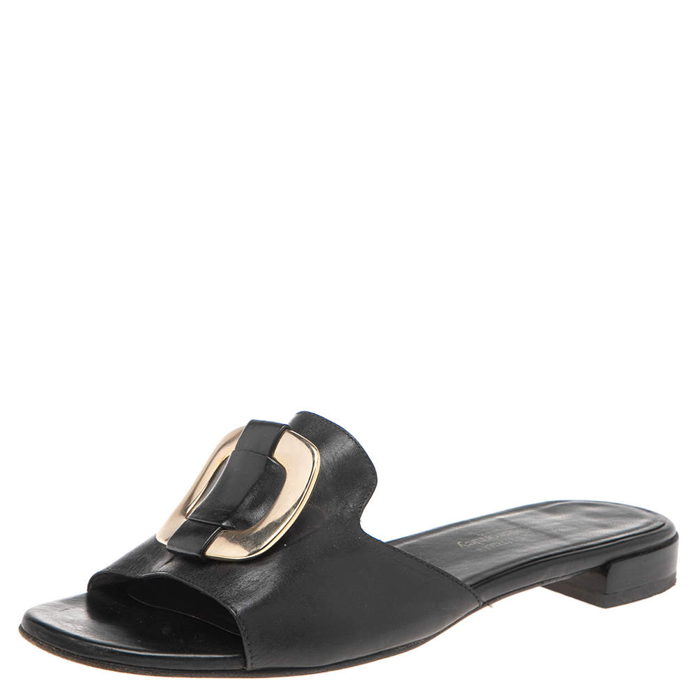 Pre Owned  صندل فلات سلايد ستيوارت وايتزمان x روسيل بروملي  جلد أسود مقاس 41