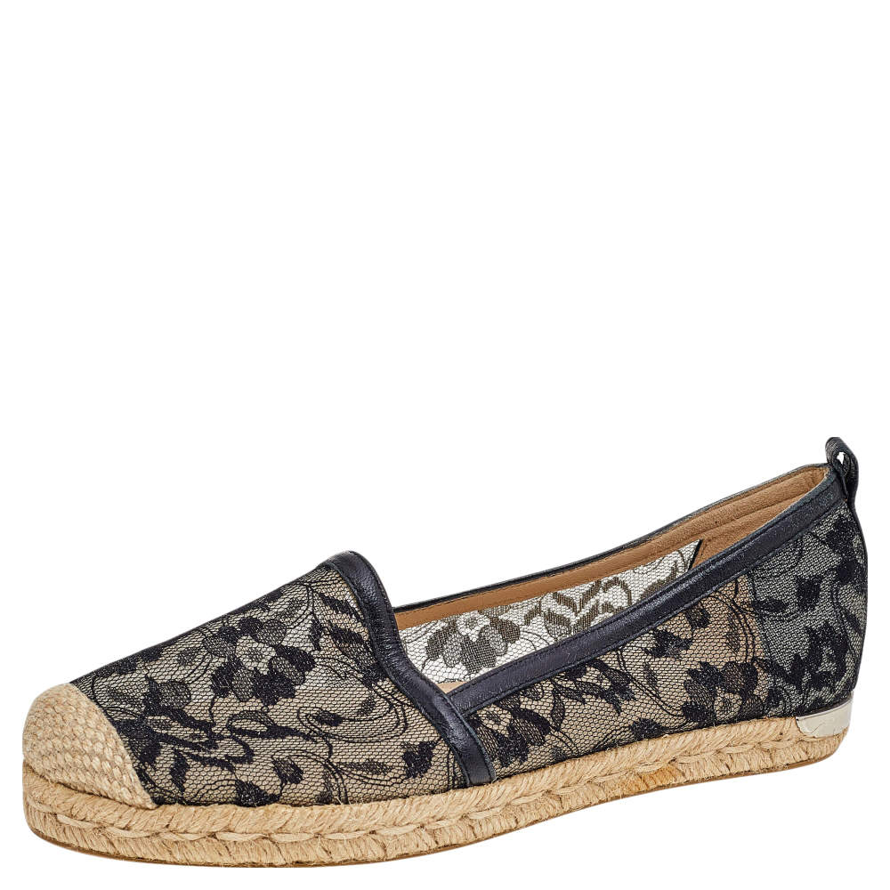 Stuart Weitzman Black/Beige Lace and Mesh Espadrille Flats Size 37