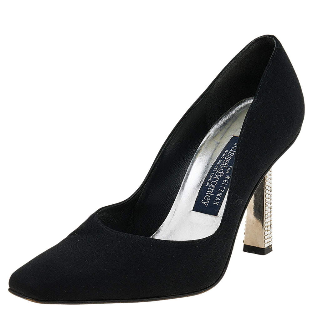 Pre Owned Stuart Weitzman for Russell Bromley Black Nylon Crystal Embellished Heel Pumps Size 37