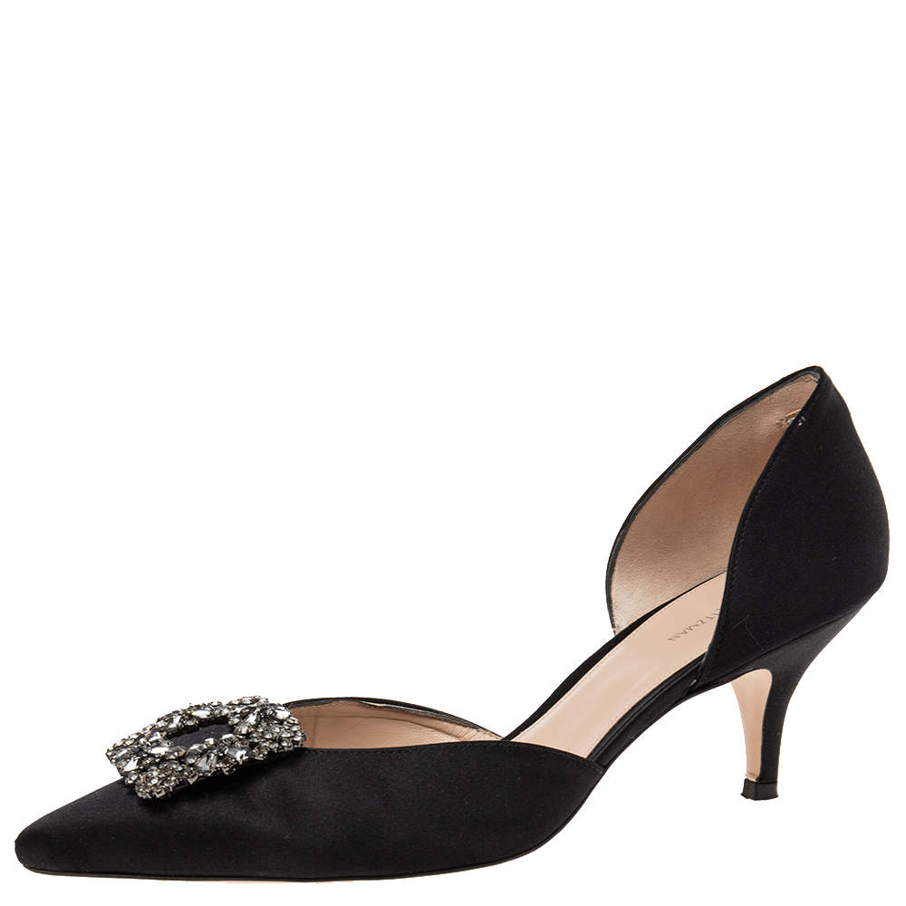 Pre Owned Stuart Weitzman Black Satin Crystal Embellished Buckle D'orsay Pumps Size 40.5