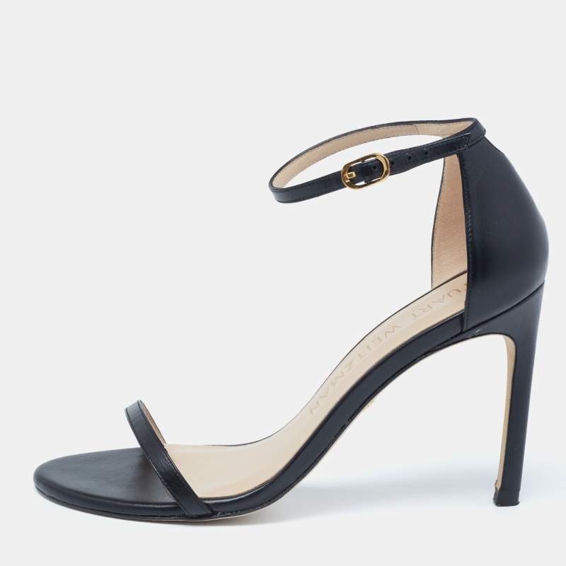Pre Owned Stuart Weitzman Black Leather Nudistsong Ankle Cuff Sandals Size 38