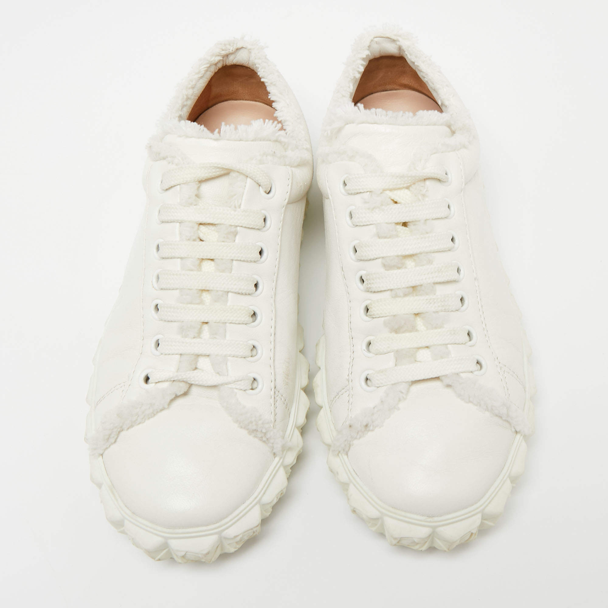 Pre Owned Stuart Weitzman White Leather Lace Up Sneakers Size 37.5 
