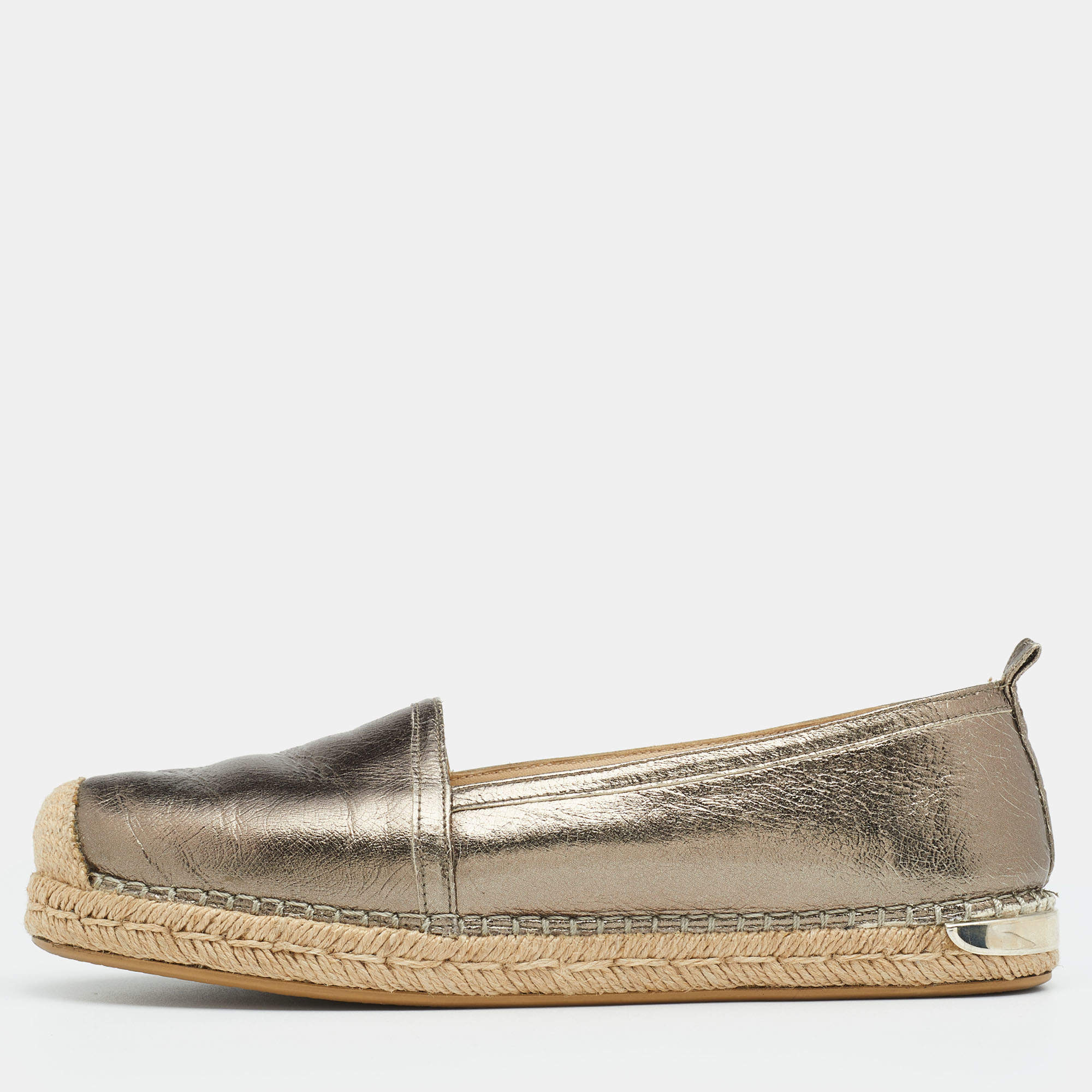 Pre Owned Stuart Weitzman Metallic Gunmetal Grey Leather Espadrille Flats Size 37
