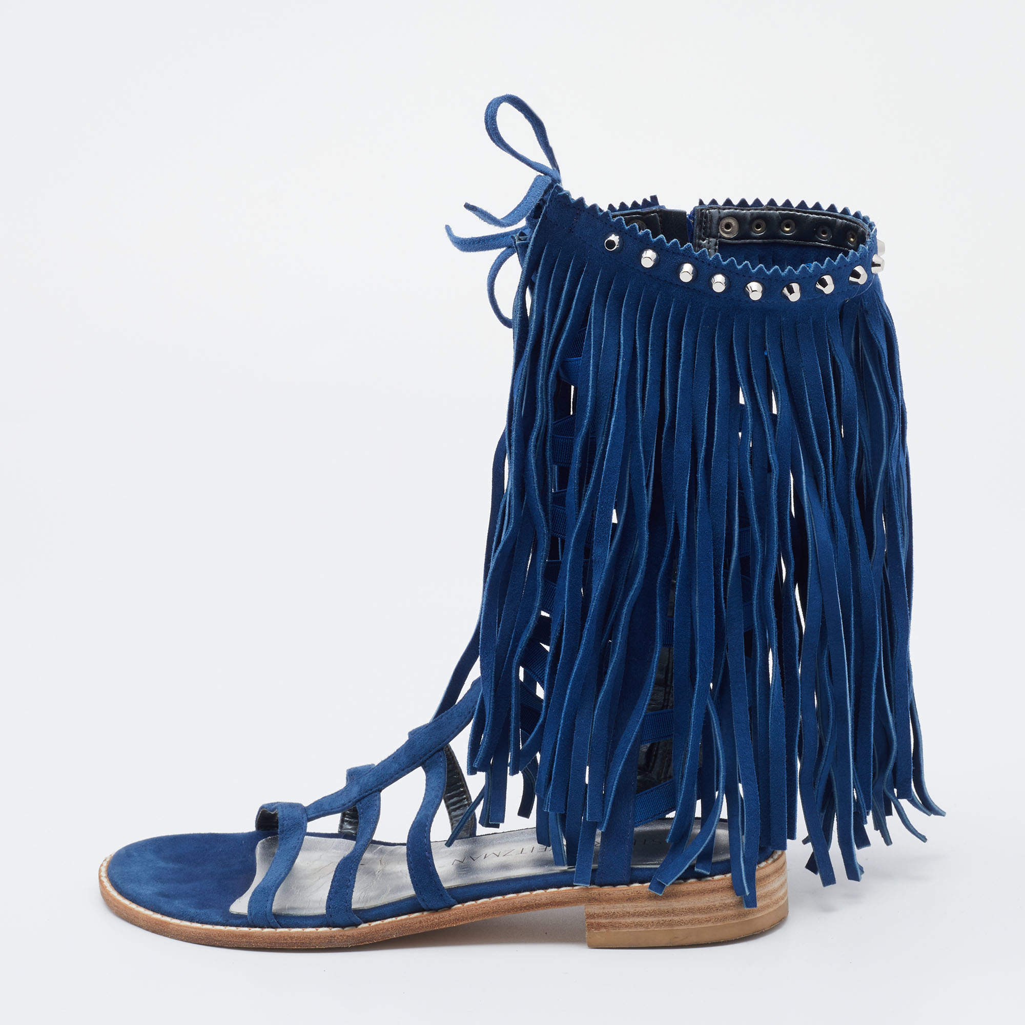 Stuart Weitzman Blue Suede Fringe Detail Gladiator Flat Sandals Size 36