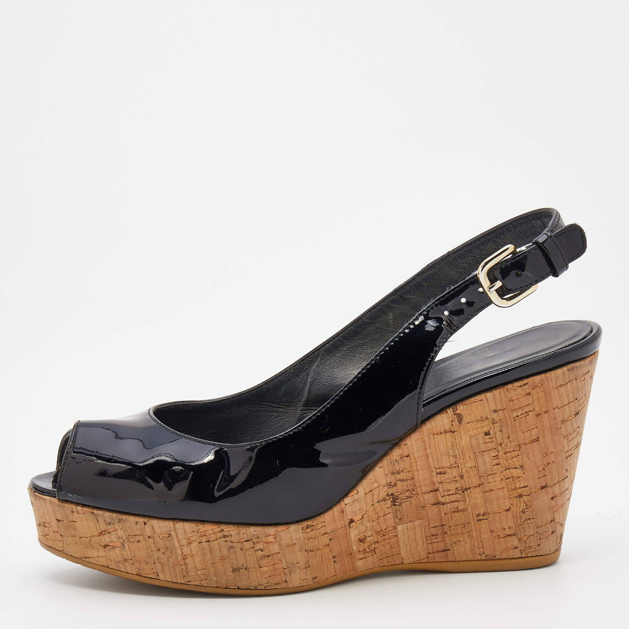 Stuart Weitzman Black Patent Leather Jean Peep Toe Cork Platform Wedge Slingback Sandals Size 36