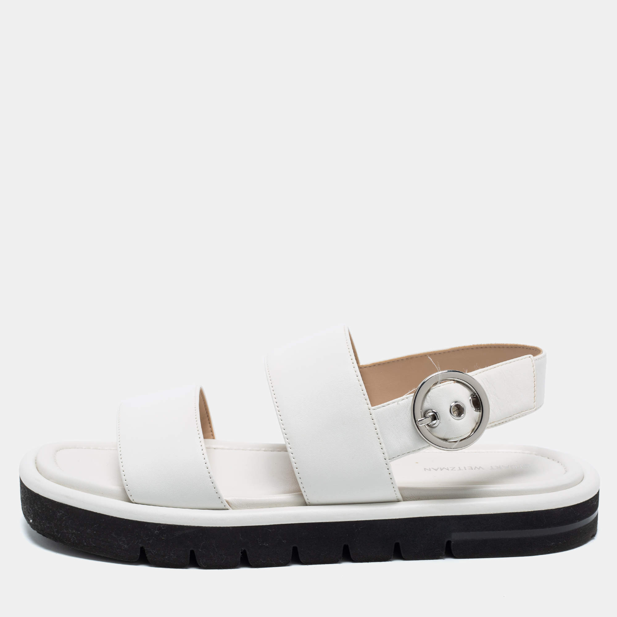 Stuart Weitzman White Leather Flat Slingback Sandals Size 39.5