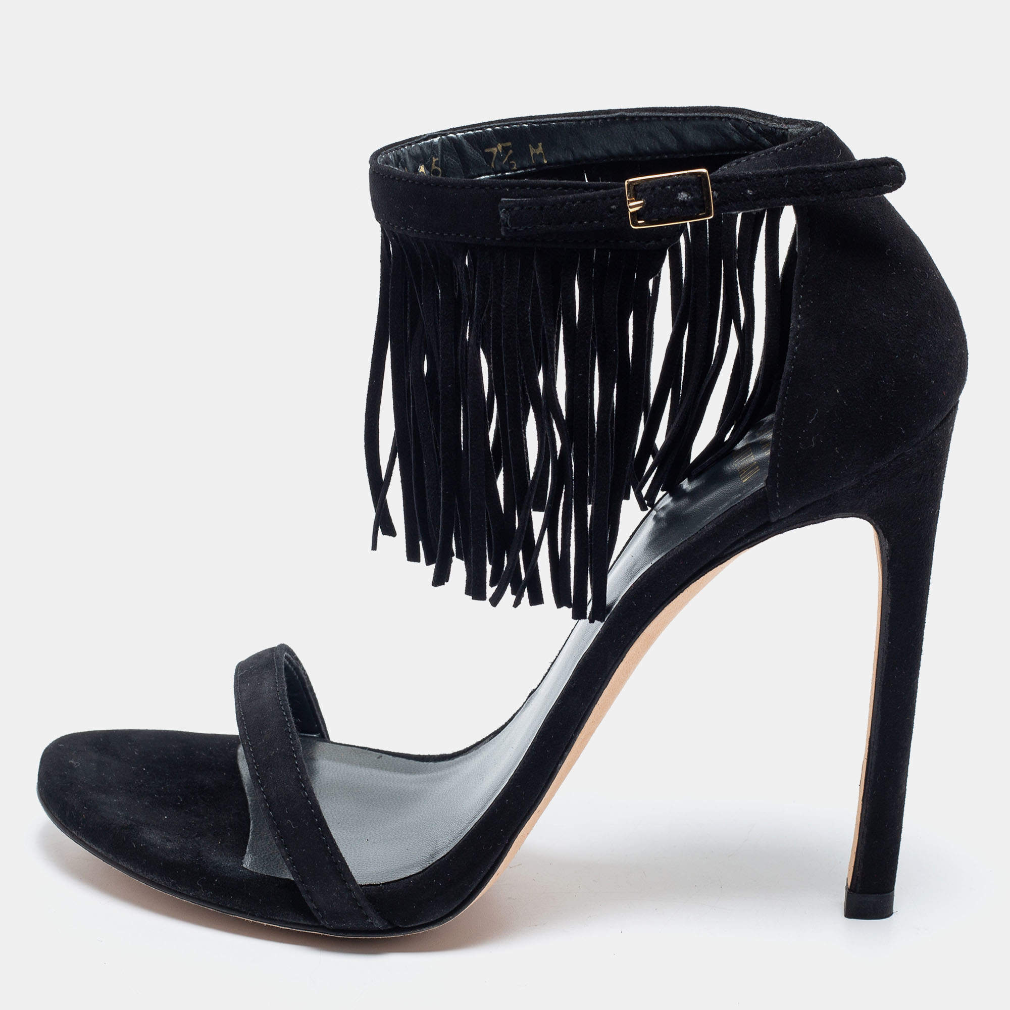 Pre Owned Stuart Weitzman Black Suede Love Fringe Ankle Strap Sandals Size 38