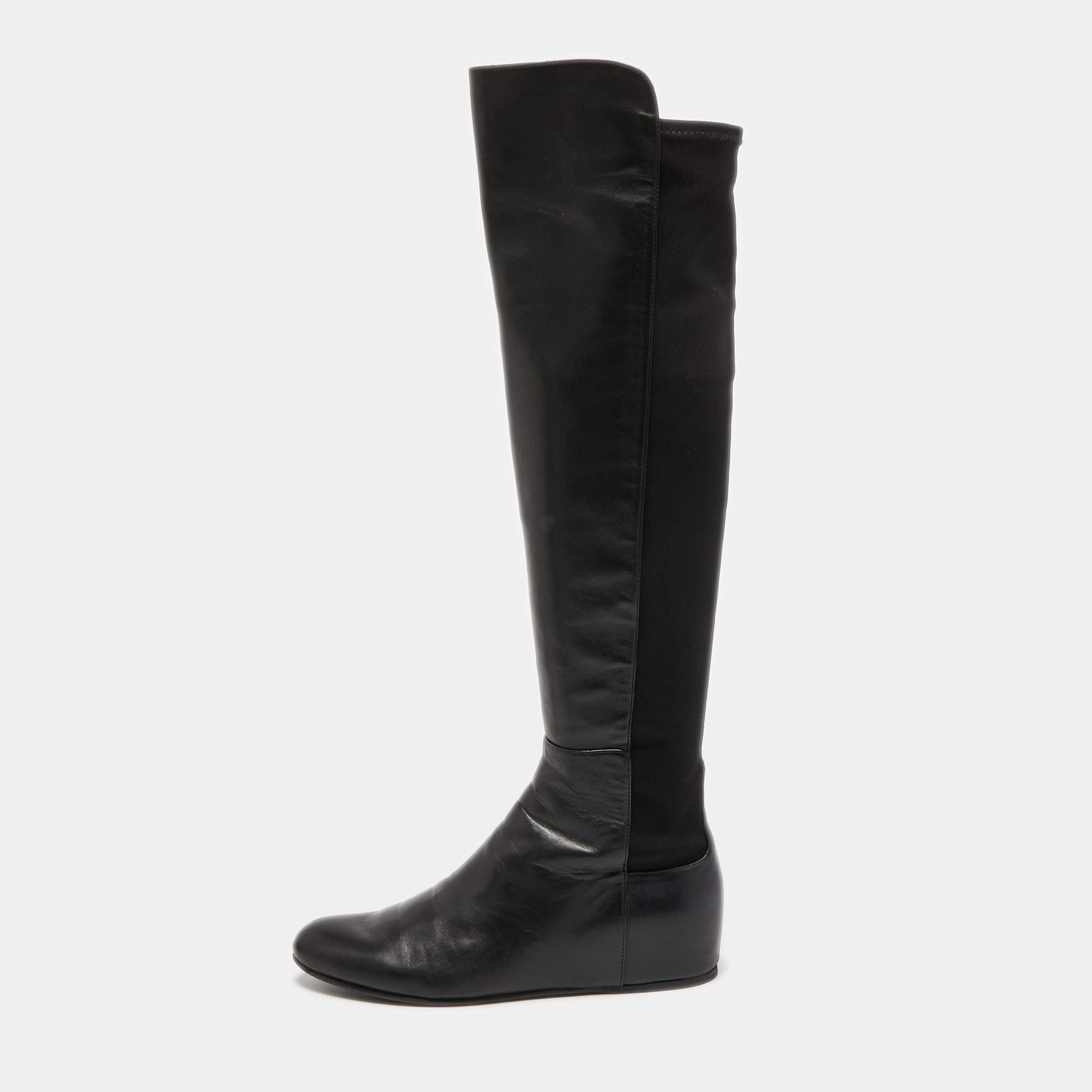 Pre Owned Stuart Weitzman Black Leather Knee Length Boots Size 38.5