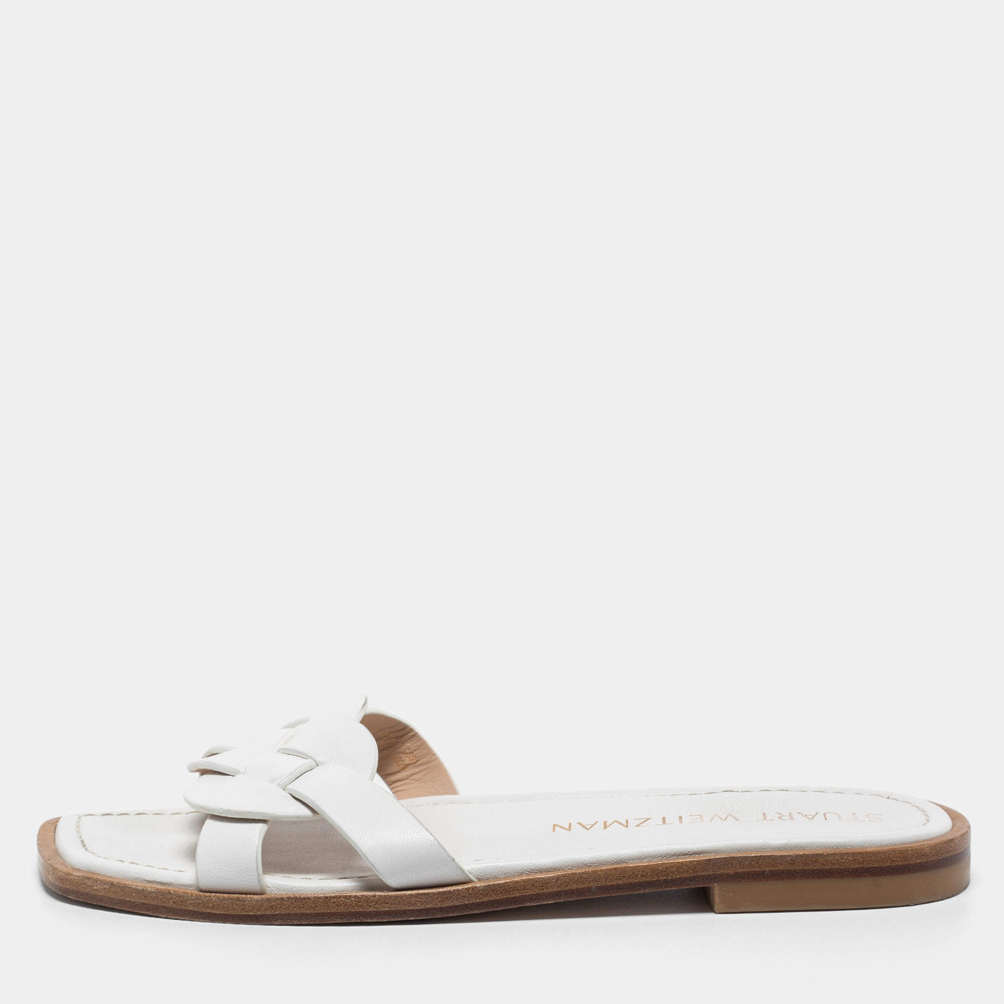 Stuart Weitzman White Leather Flat Slides Size 40