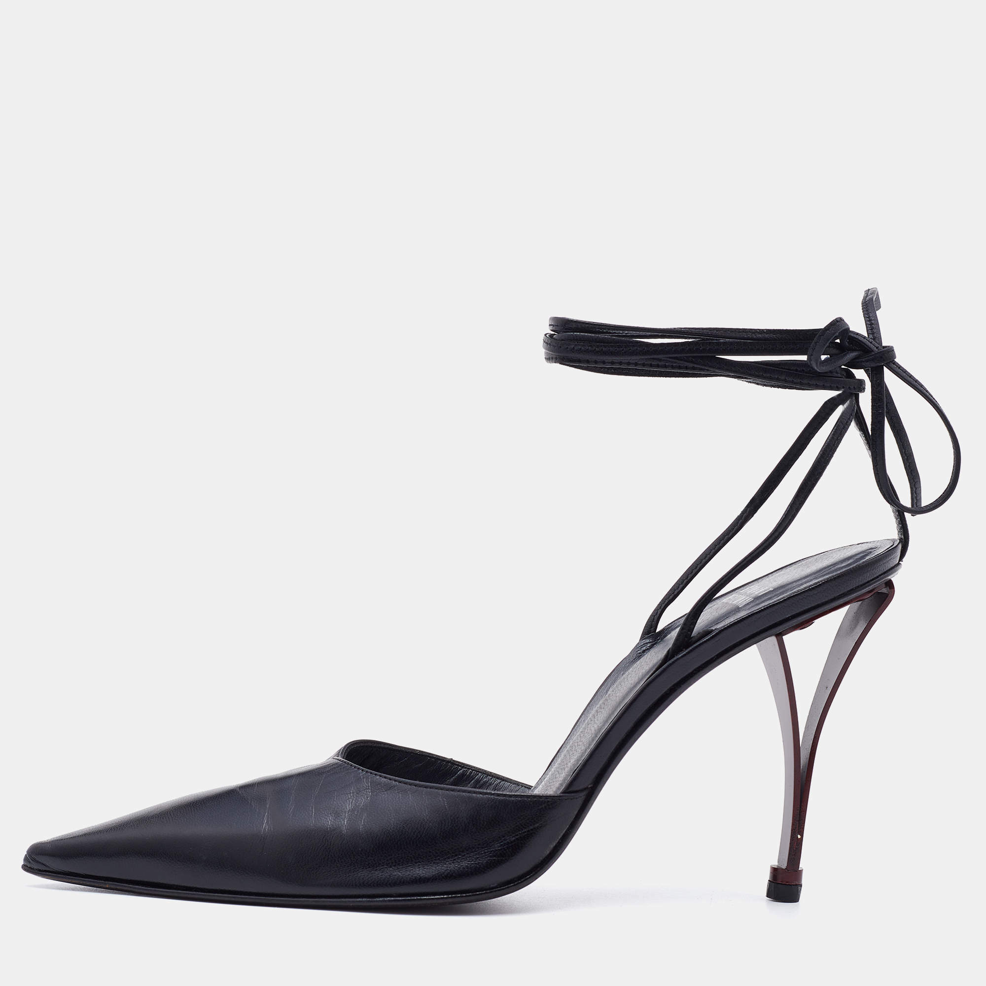 Stuart Weitzman Black Leather Pointed Toe Ankle Wrap Pumps Size 40.5