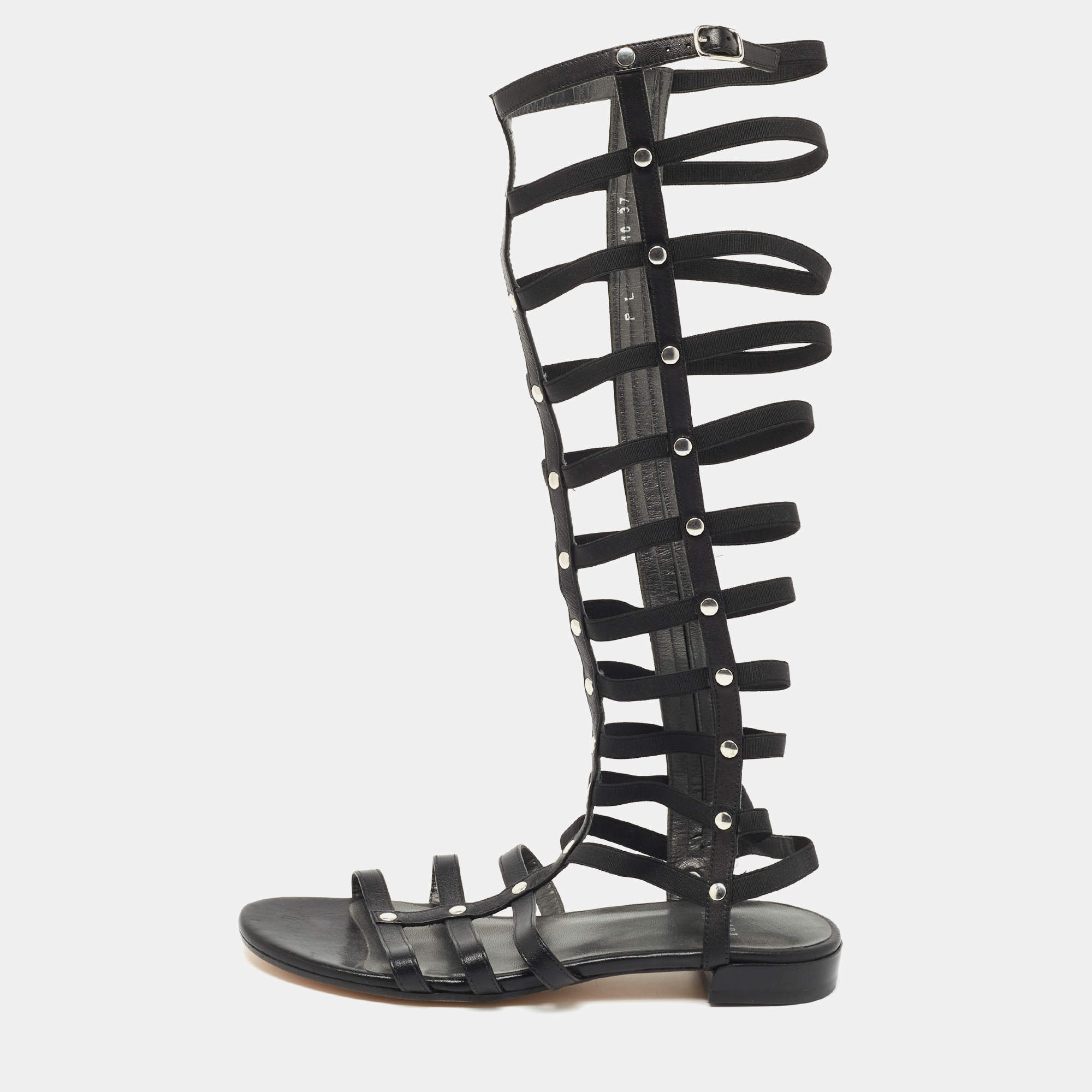 Stuart Weitzman Black Leather Gladiator Flat Sandals Size 37