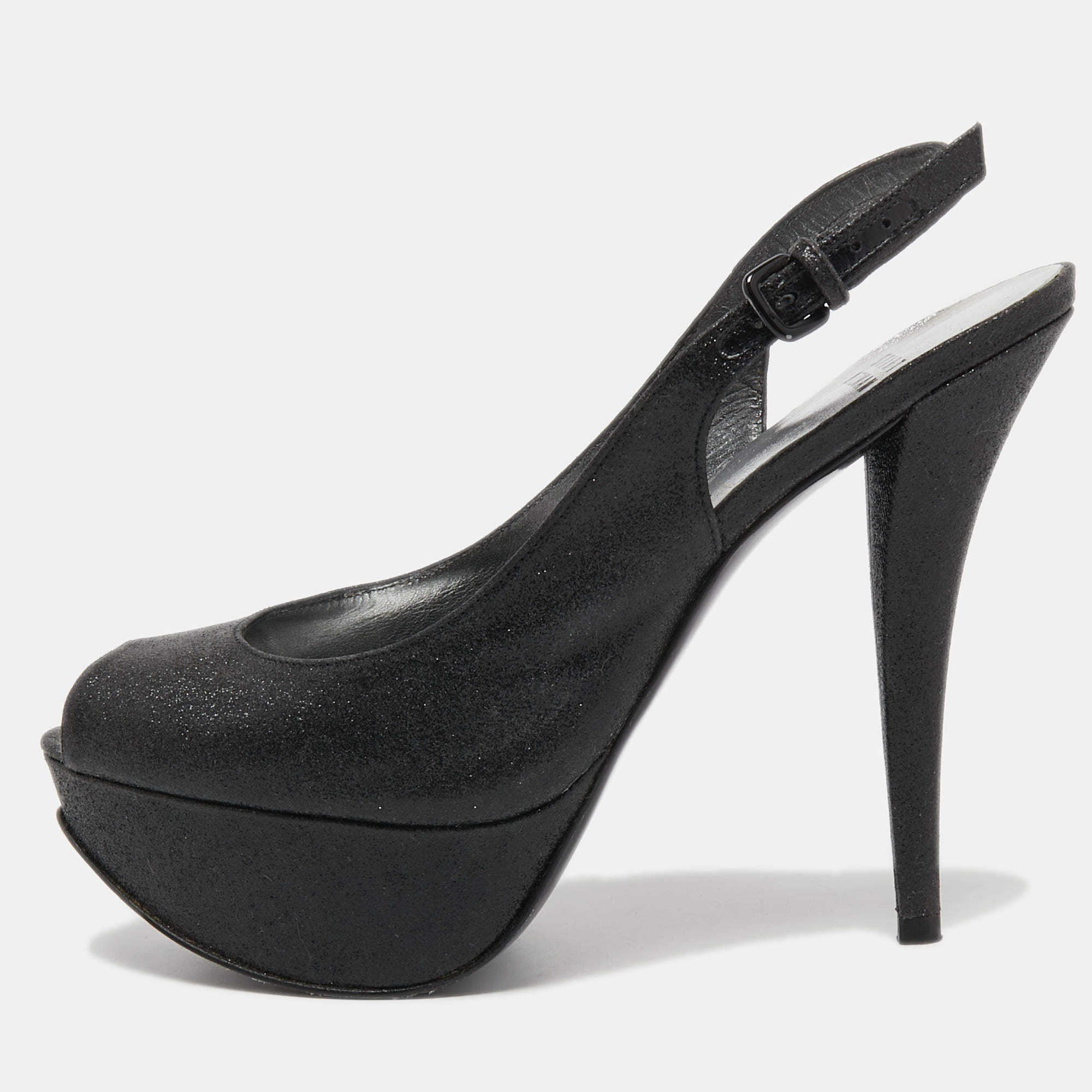 Stuart Weitzman Black Glitter and Leather Peep Toe Slingback Pumps Size 39