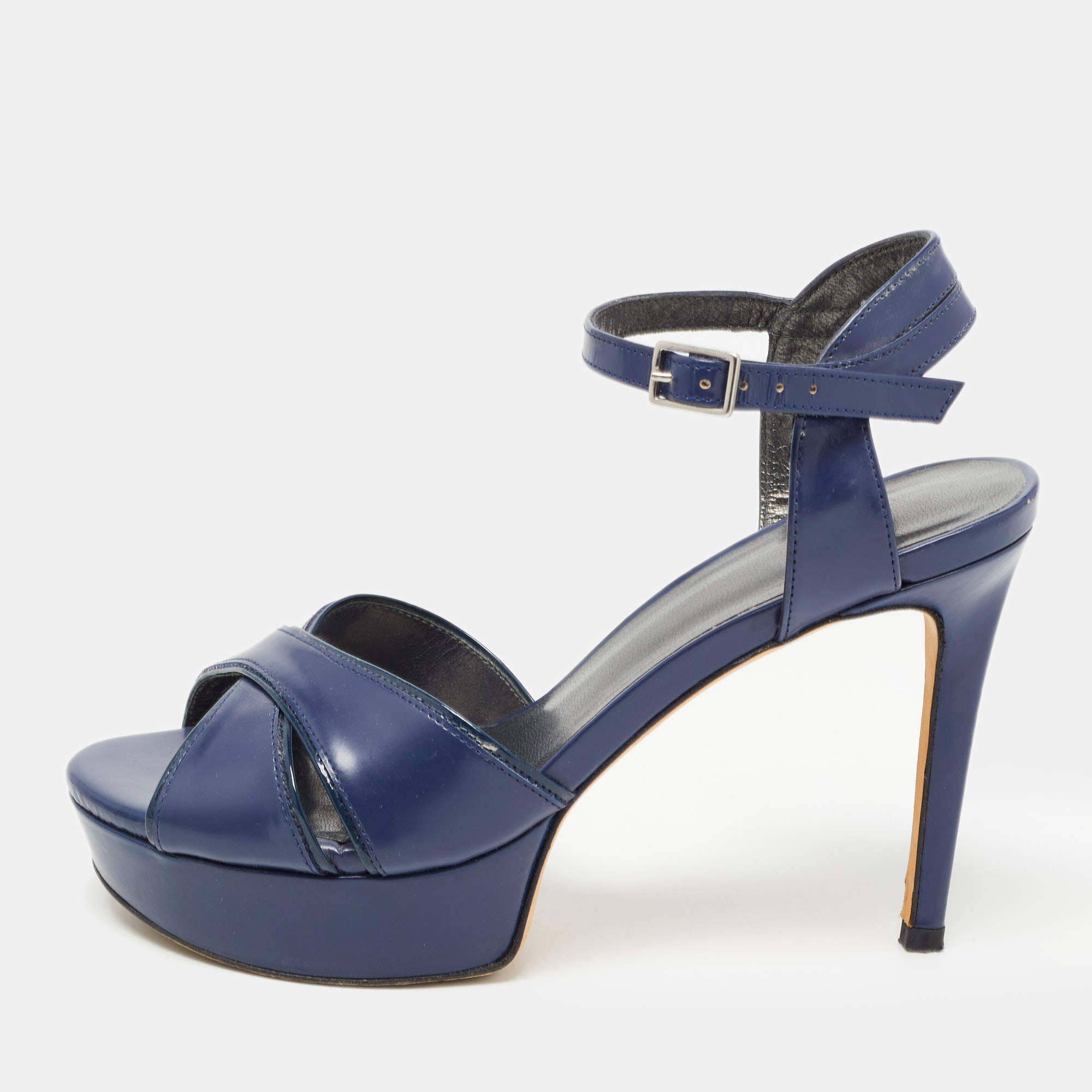 Stuart Weitzman Navy Blue Leather Platform Ankle Strap Sandals Size 36.5