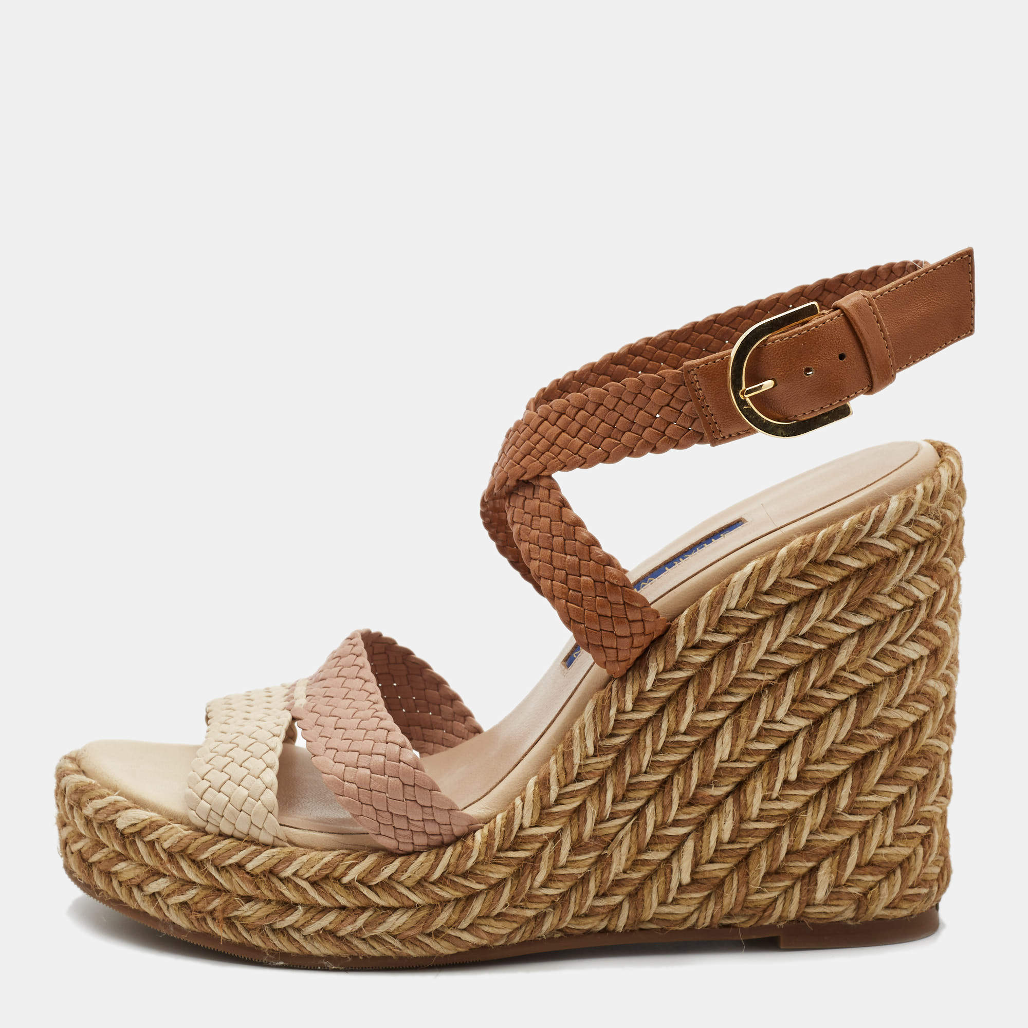 Stuart Weitzman Multicolor Woven Leather Wedge Ankle Strap Sandals Size 36.5