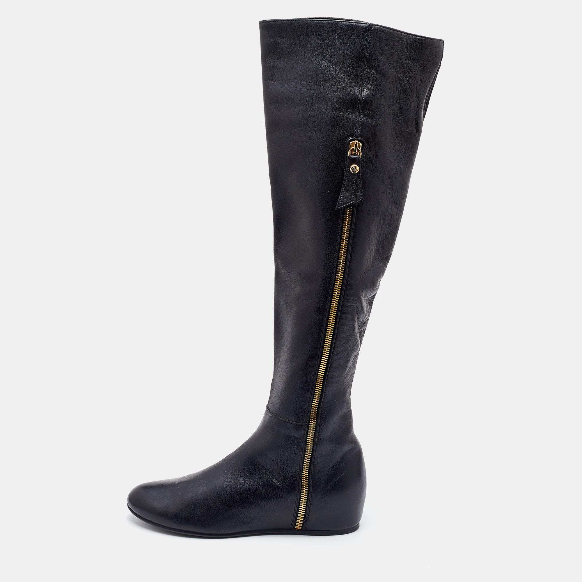 Pre Owned Stuart Weitzman Black Leather Knee Length Boots Size 34.5