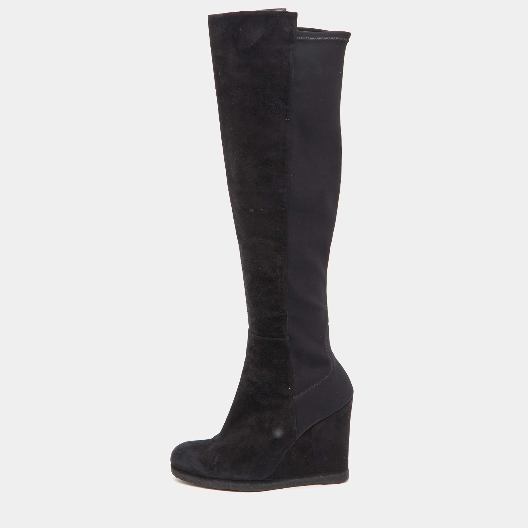 مملوكة مسبقًا Stuart Weitzman Black Suede Knee Length Wedge Boots Size 37.5