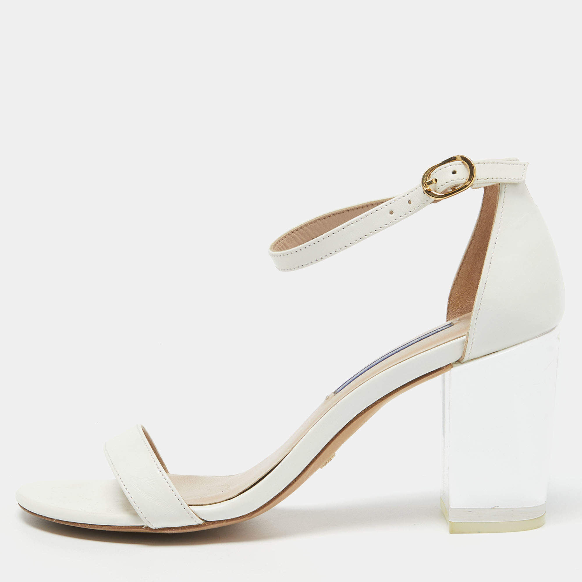Pre Owned Stuart Weitzman White Leather Ankle Strap Sandals Size 36.5
