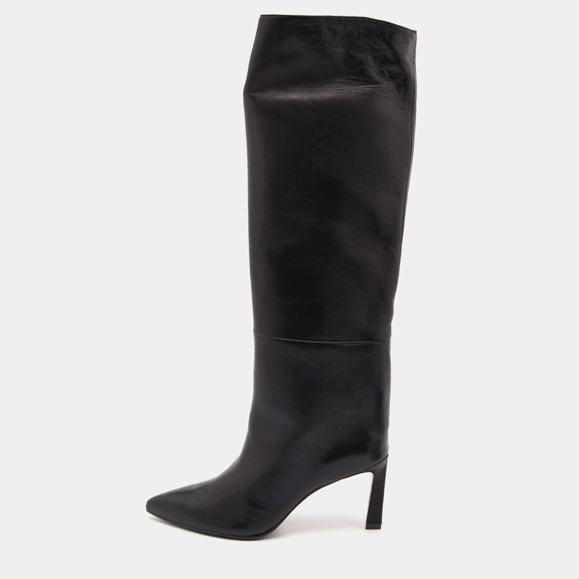Stuart Weitzman Black Leather Pointed Toe Knee Length Boots Size 38.5