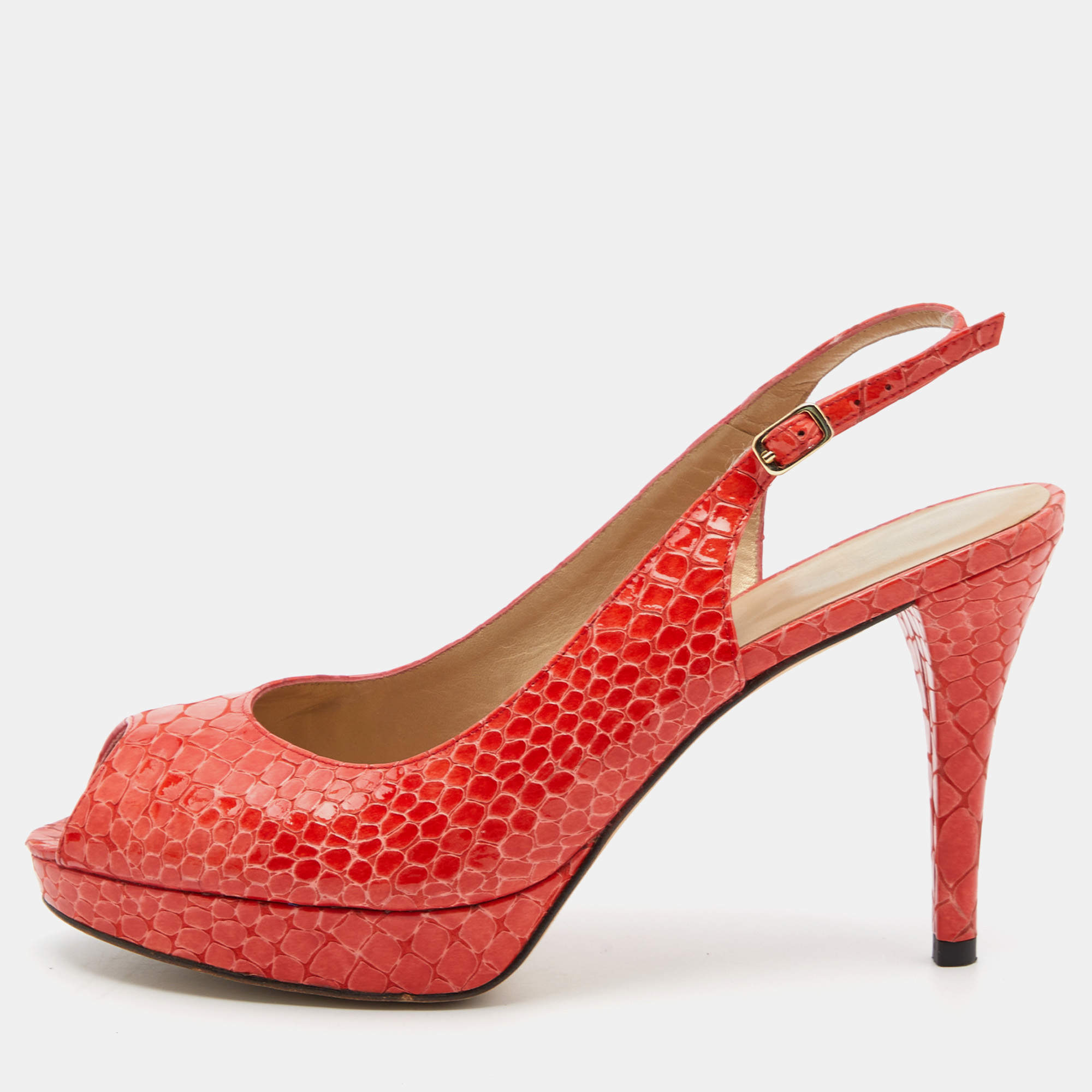 Stuart Weitzman Orange Python Embossed Leather Peep Toe Platform Slingback Pumps Size 40