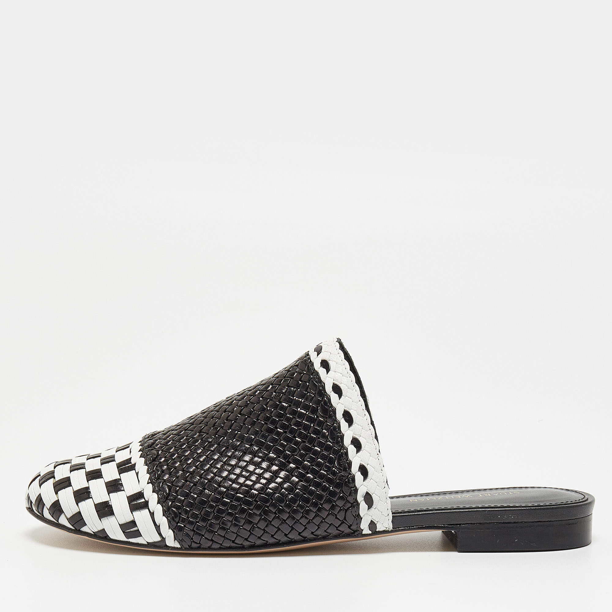 Stuart Weitzman Black/White Woven Leather Indiana Slide Mules Size 37