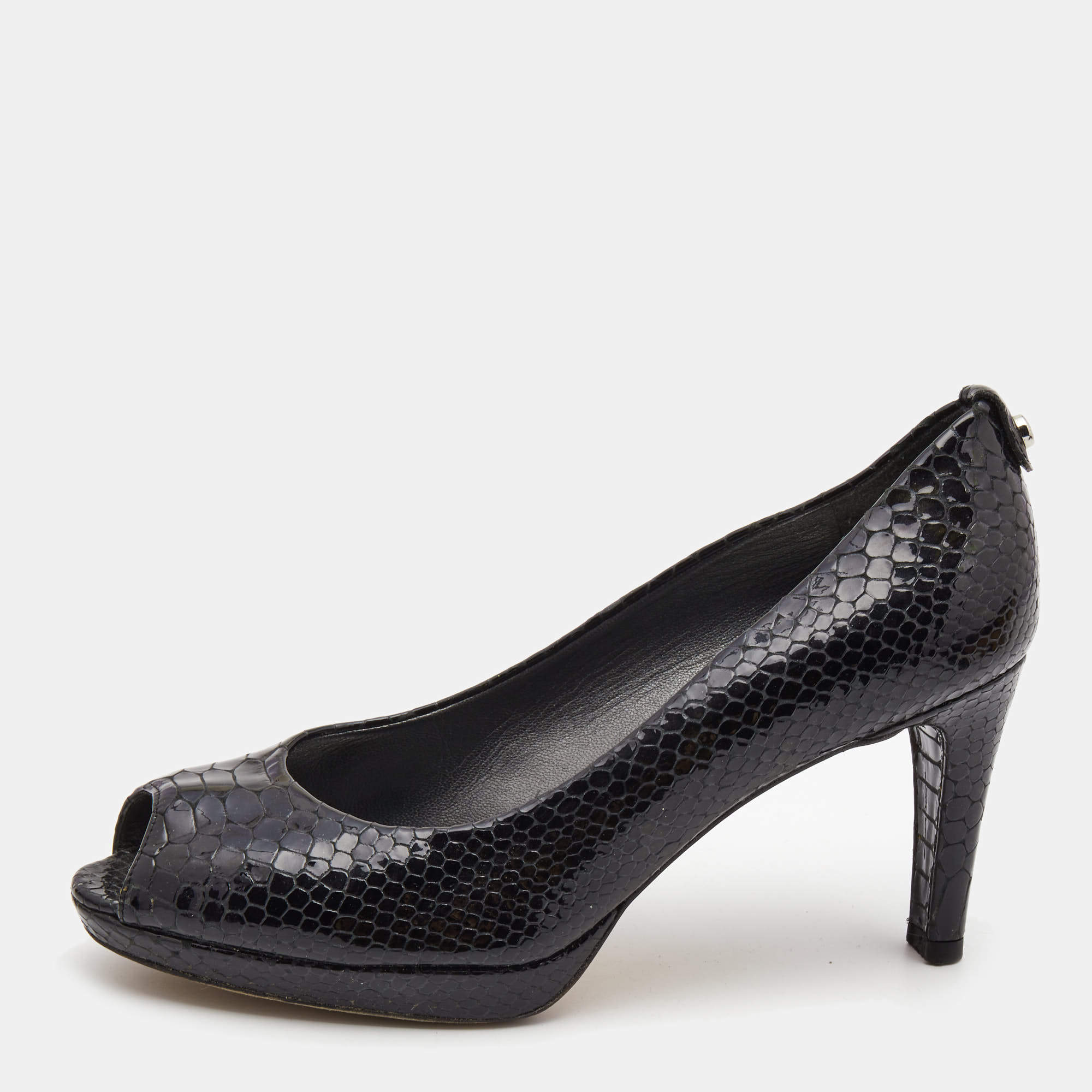 Stuart Weitzman Black Python Embossed Leather Peep Toe Platform Pumps Size 39