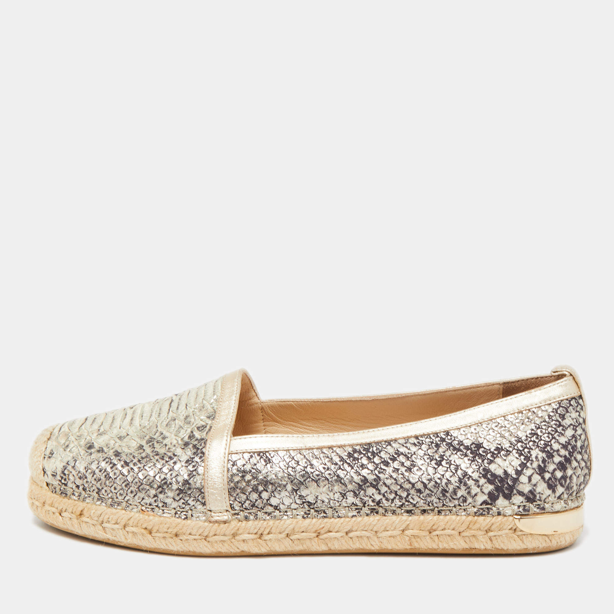 Stuart Weitzman Silver/Black Python Embossed Leather Espadrilles Size 38.5