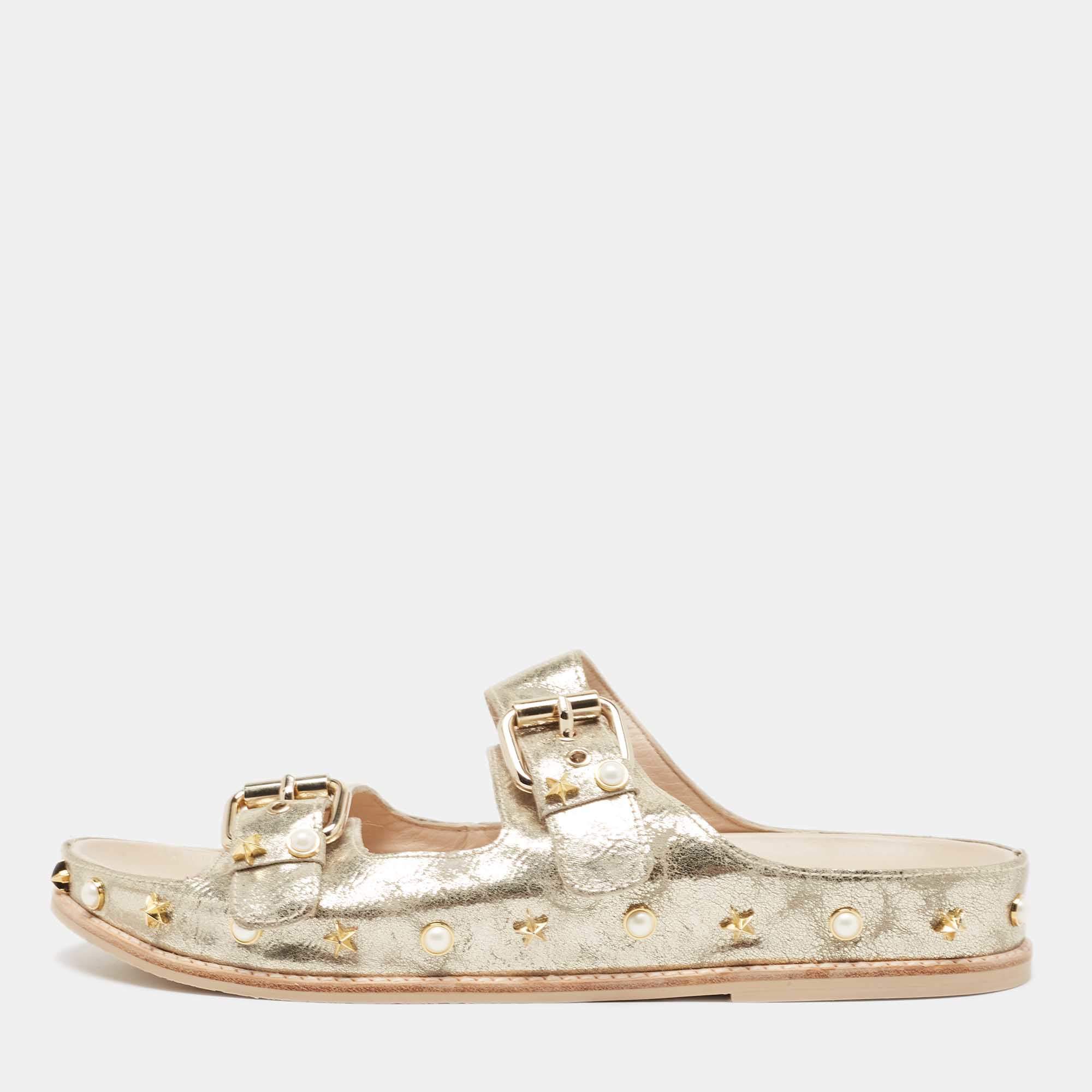 Stuart Weitzman Gold Leather Embellished Slides Size 41