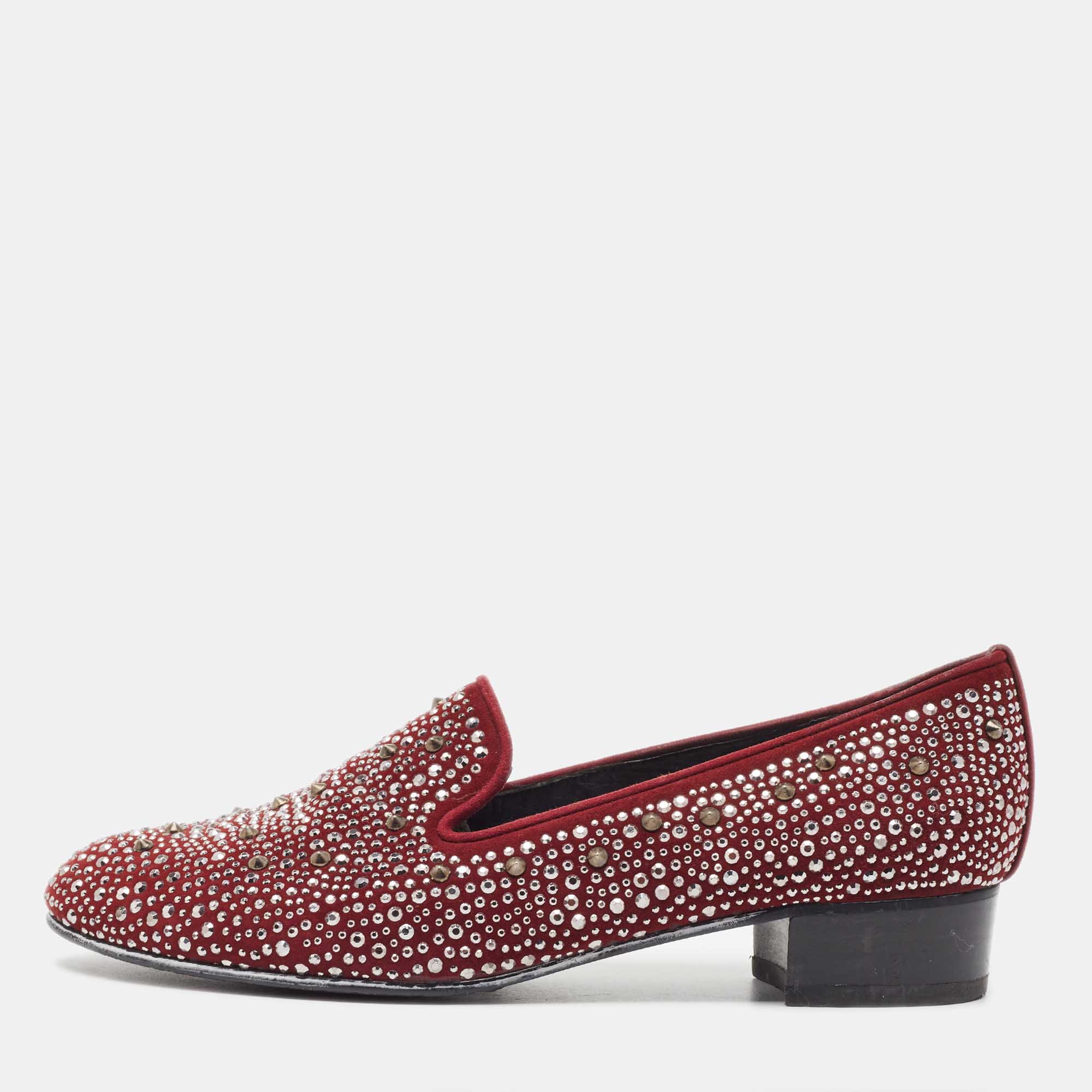 Stuart Weitzman Burgundy Suede Crystal Embellished Studded Smoking Slippers Size 37.5