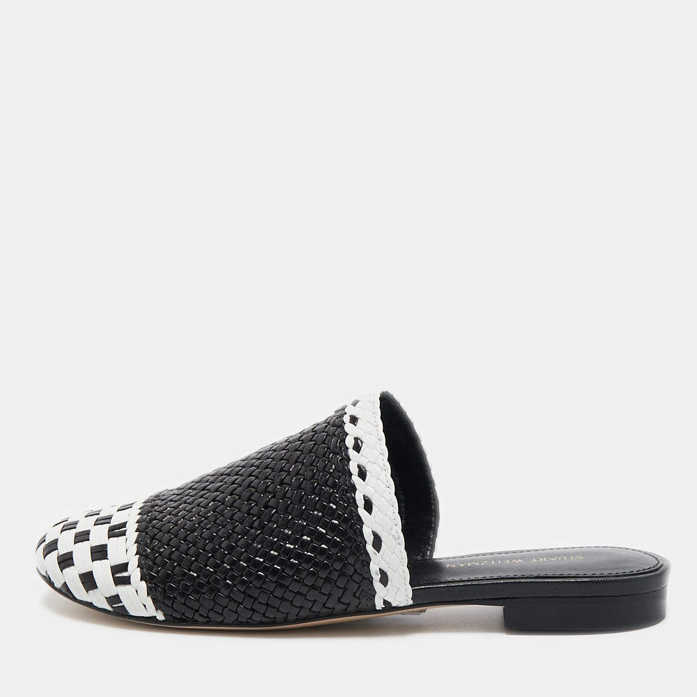Stuart Weitzman Black/White Woven Leather Indiana Flat Mules Size 35