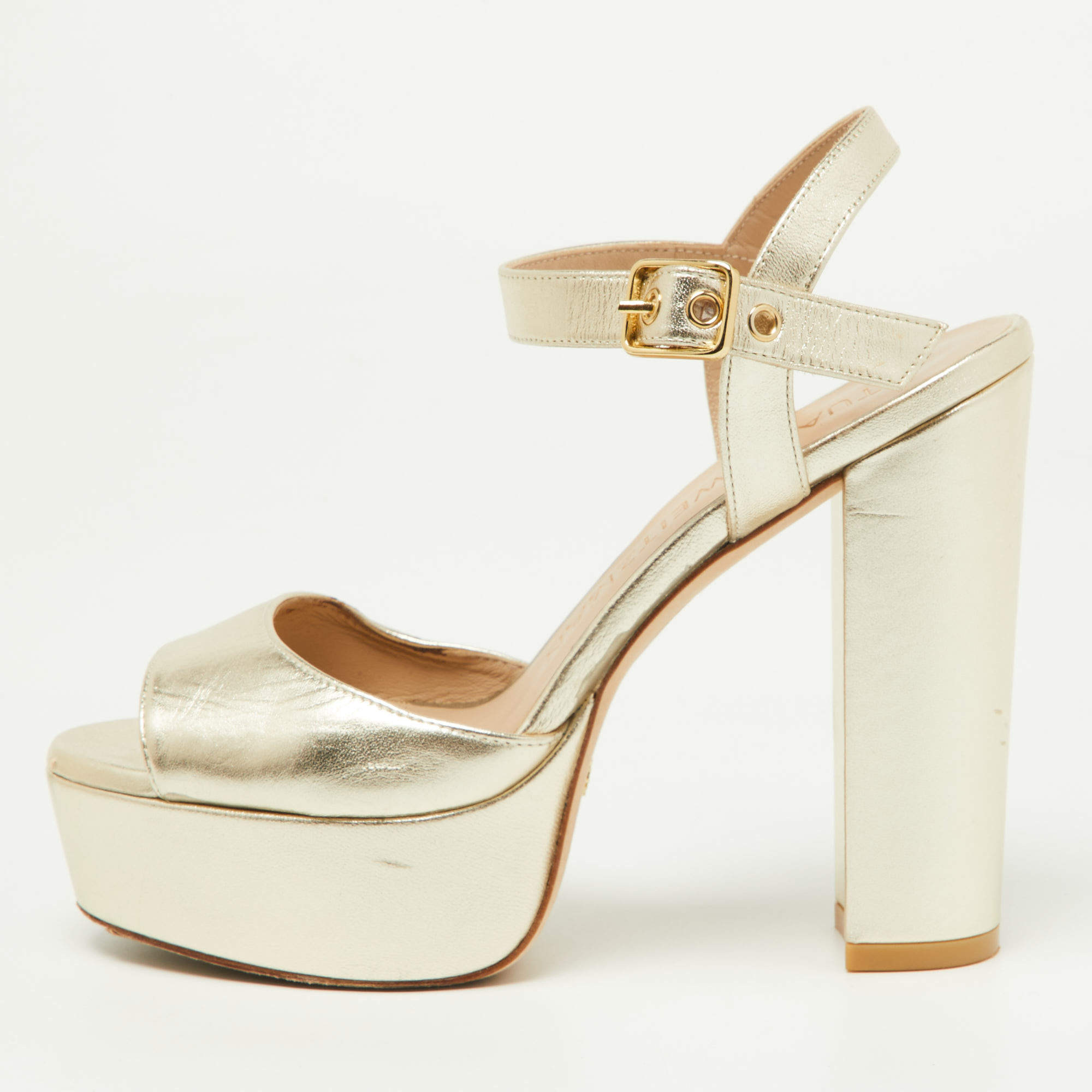 Pre Owned Stuart Weitzman Gold Leather Ankle Strap Platform Sandals Size 36.5