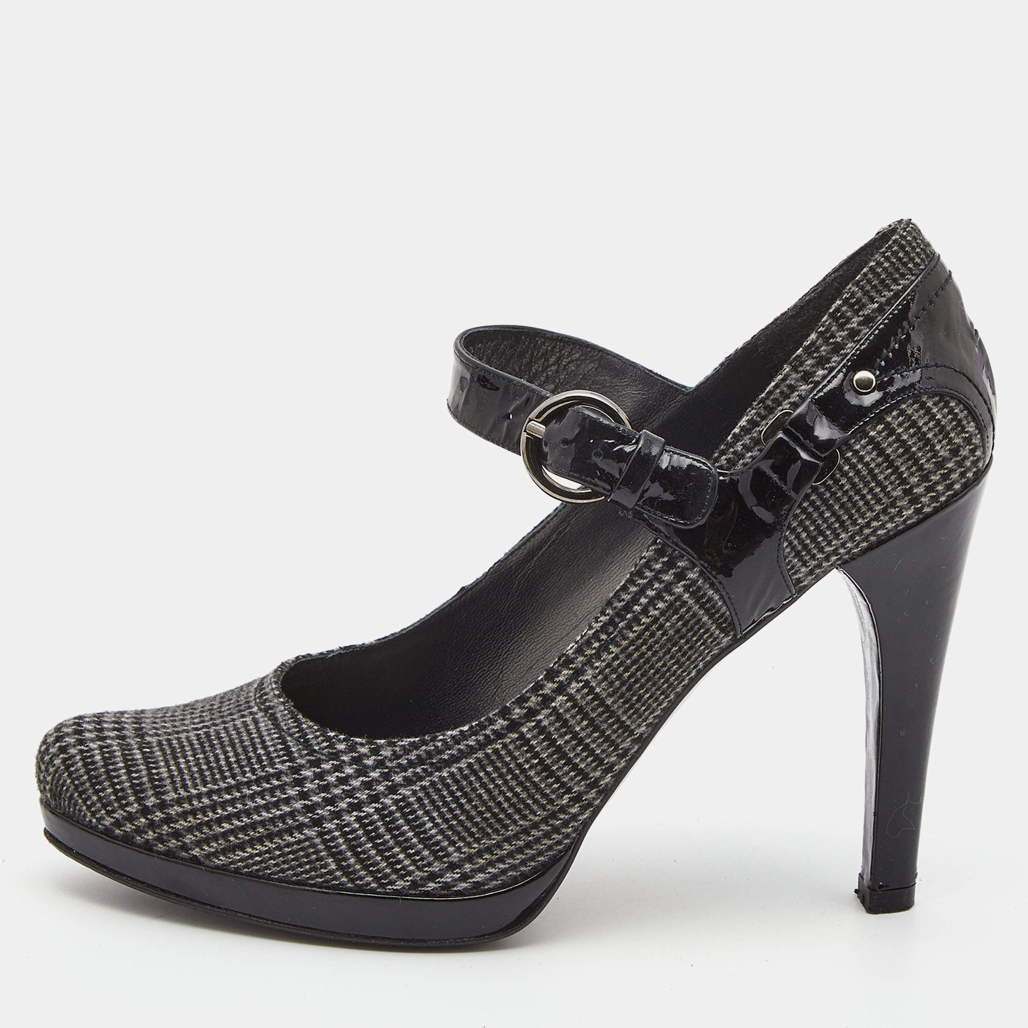 Stuart Weitzman Black/Grey Patent Leather and Plaid Wool Marianne Pumps Size 38
