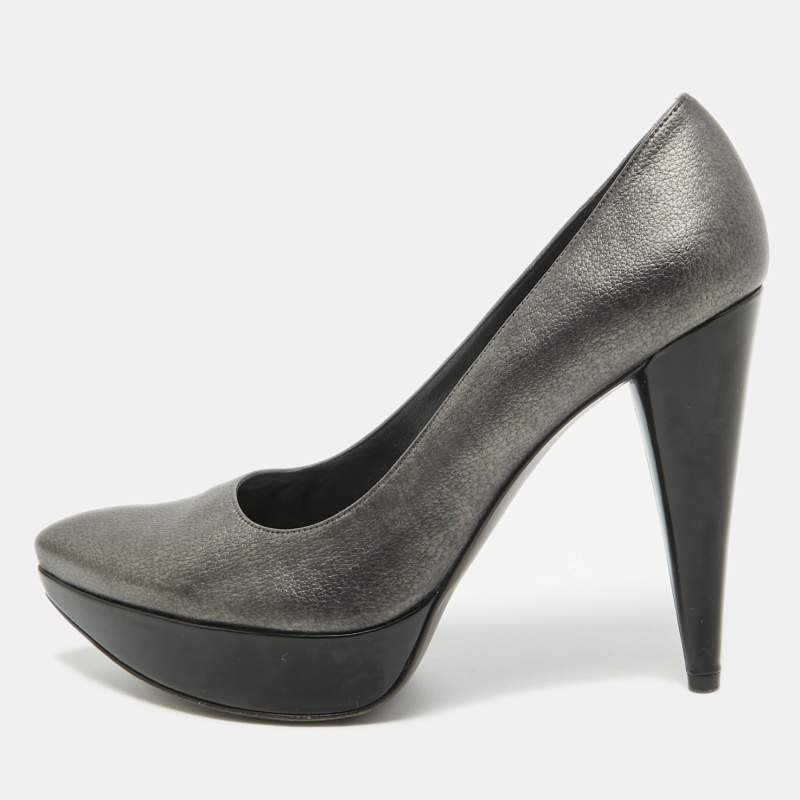 Stuart Weitzman Metallic Grey Leather Platform Pumps Size 38