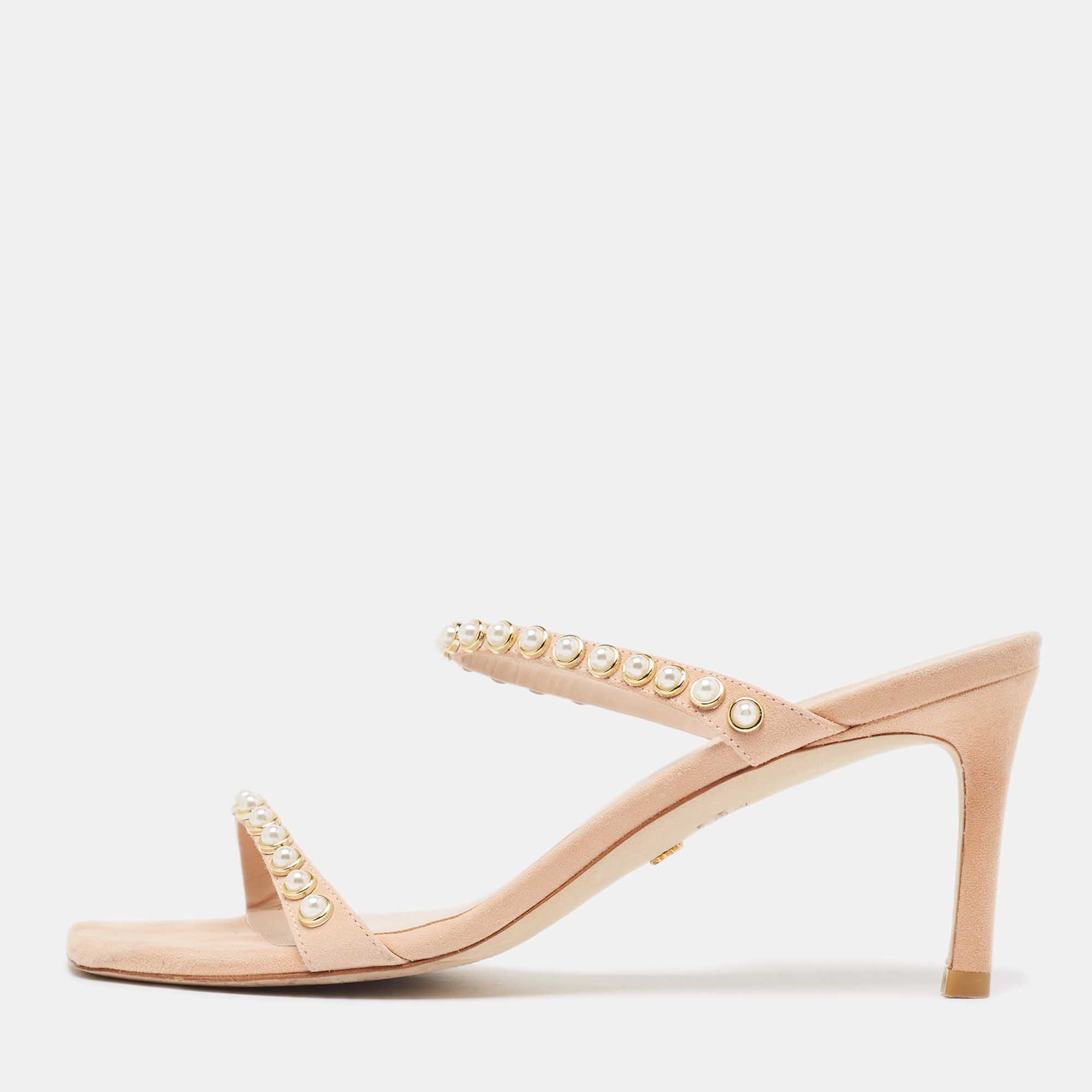Stuart Weitzman Beige Suede Pear Embellished Slide Sandals Size 38